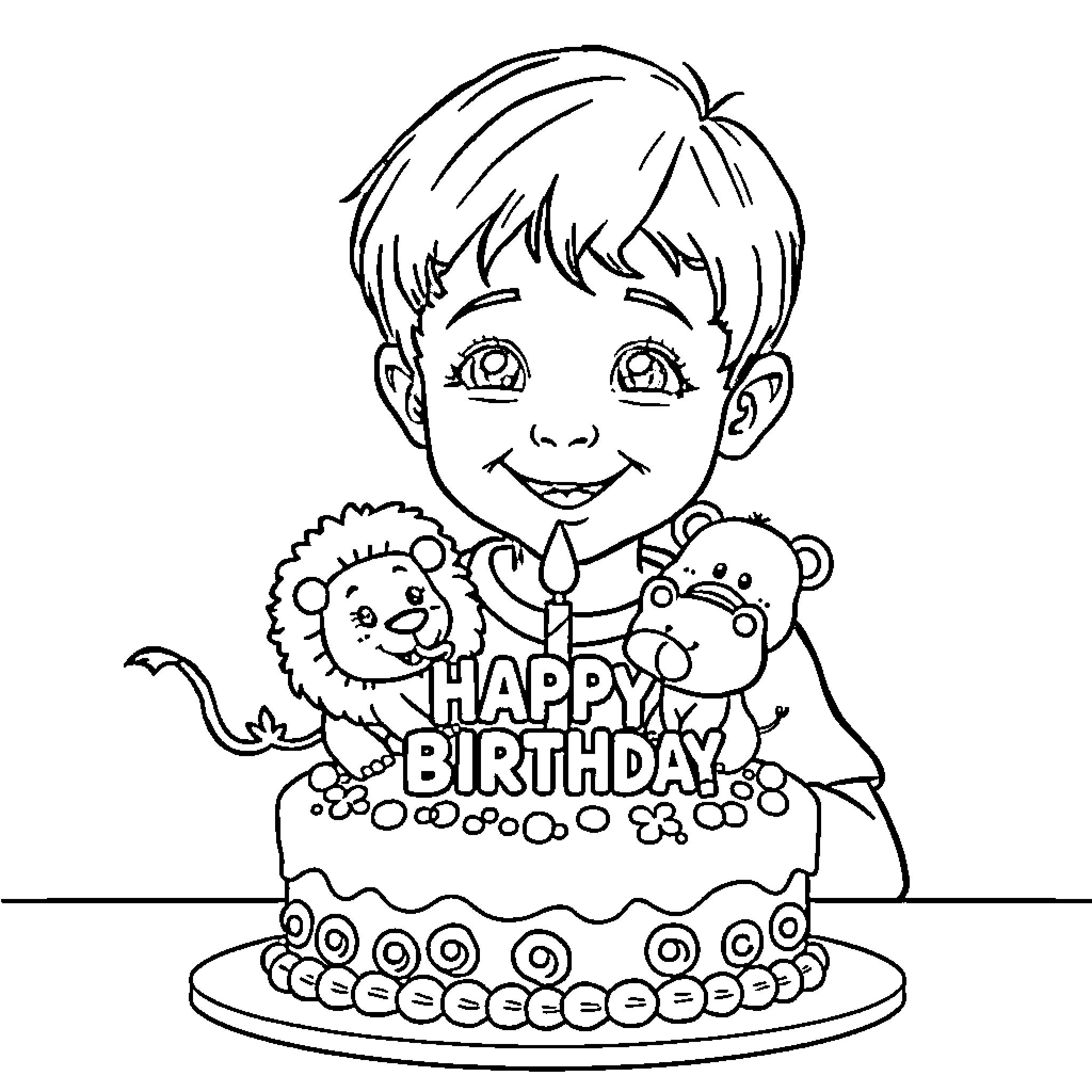 Boy celebrating his birthday with a cake and stuffed animals Coloring Page (free black-and-white line drawing printable PDF for all, from beginners to advanced learners, including children, teens, adults, and seniors)