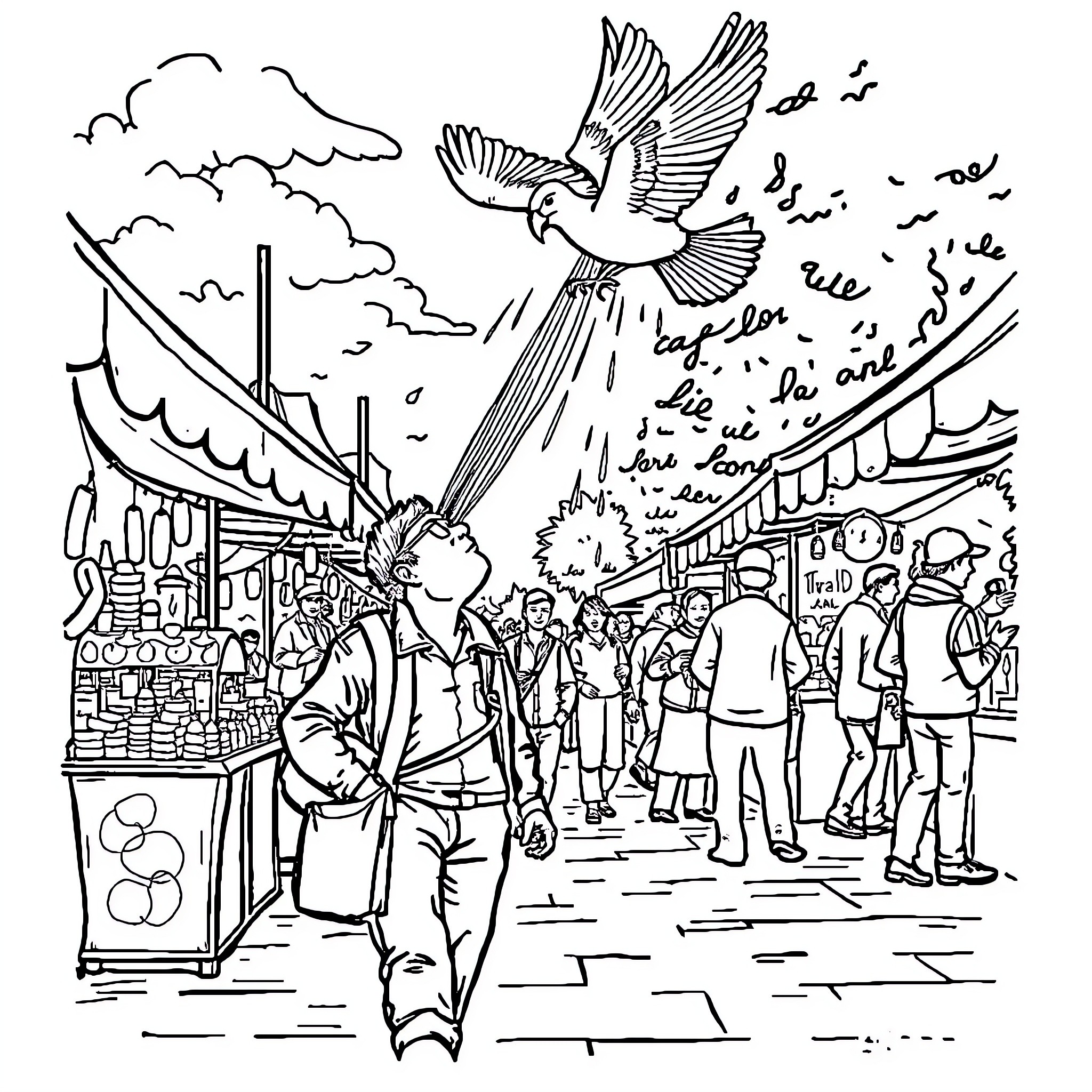 Man walking through a busy city market Coloring Page (free black-and-white line drawing printable PDF for all, from beginners to advanced learners, including children, teens, adults, and seniors)