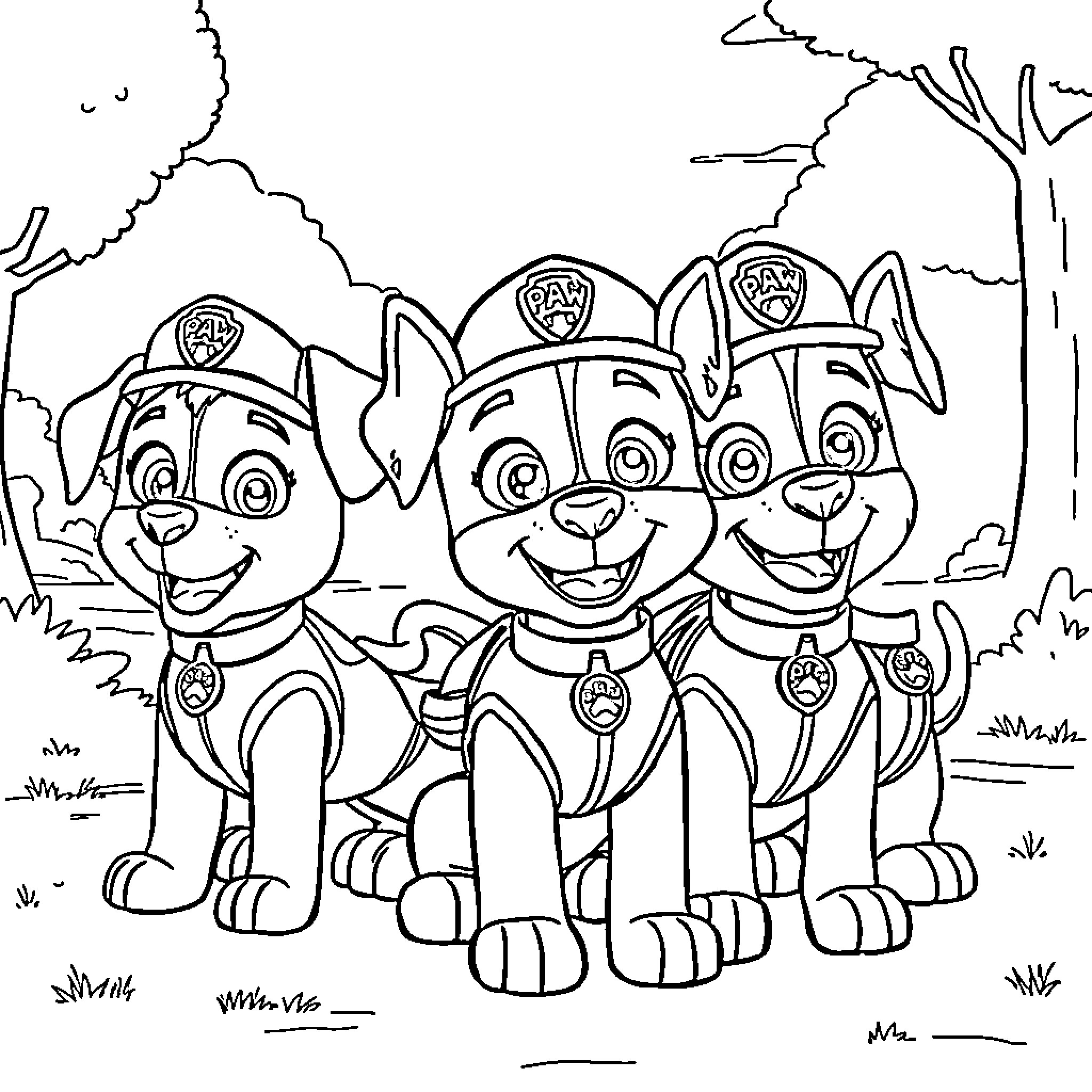 Paw Patrol pups on an adventure Coloring Page (free black-and-white line drawing printable PDF for all, from beginners to advanced learners, including children, teens, adults, and seniors)