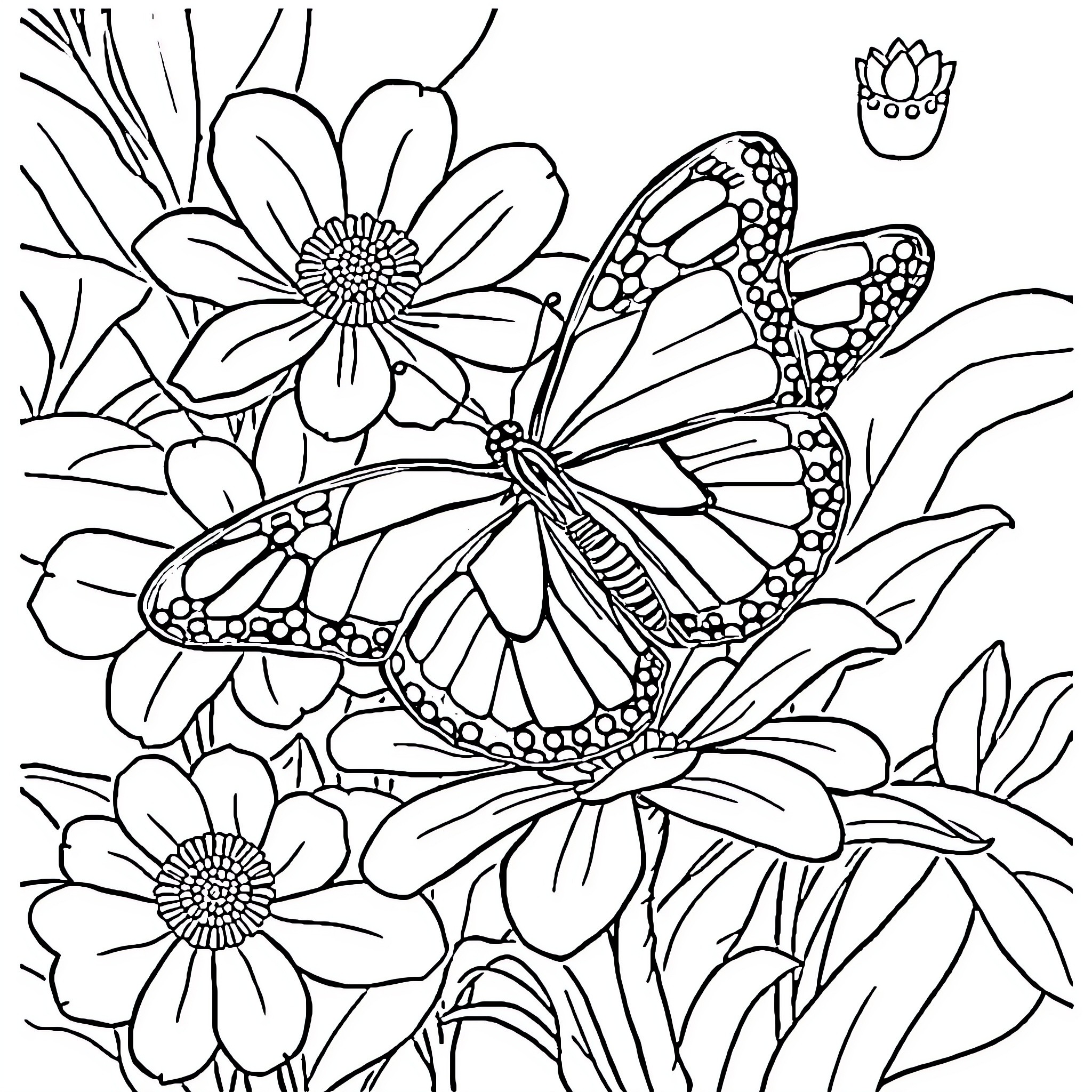 Butterfly resting on vibrant flowers Coloring Page (free black-and-white line drawing printable PDF for all, from beginners to advanced learners, including children, teens, adults, and seniors)