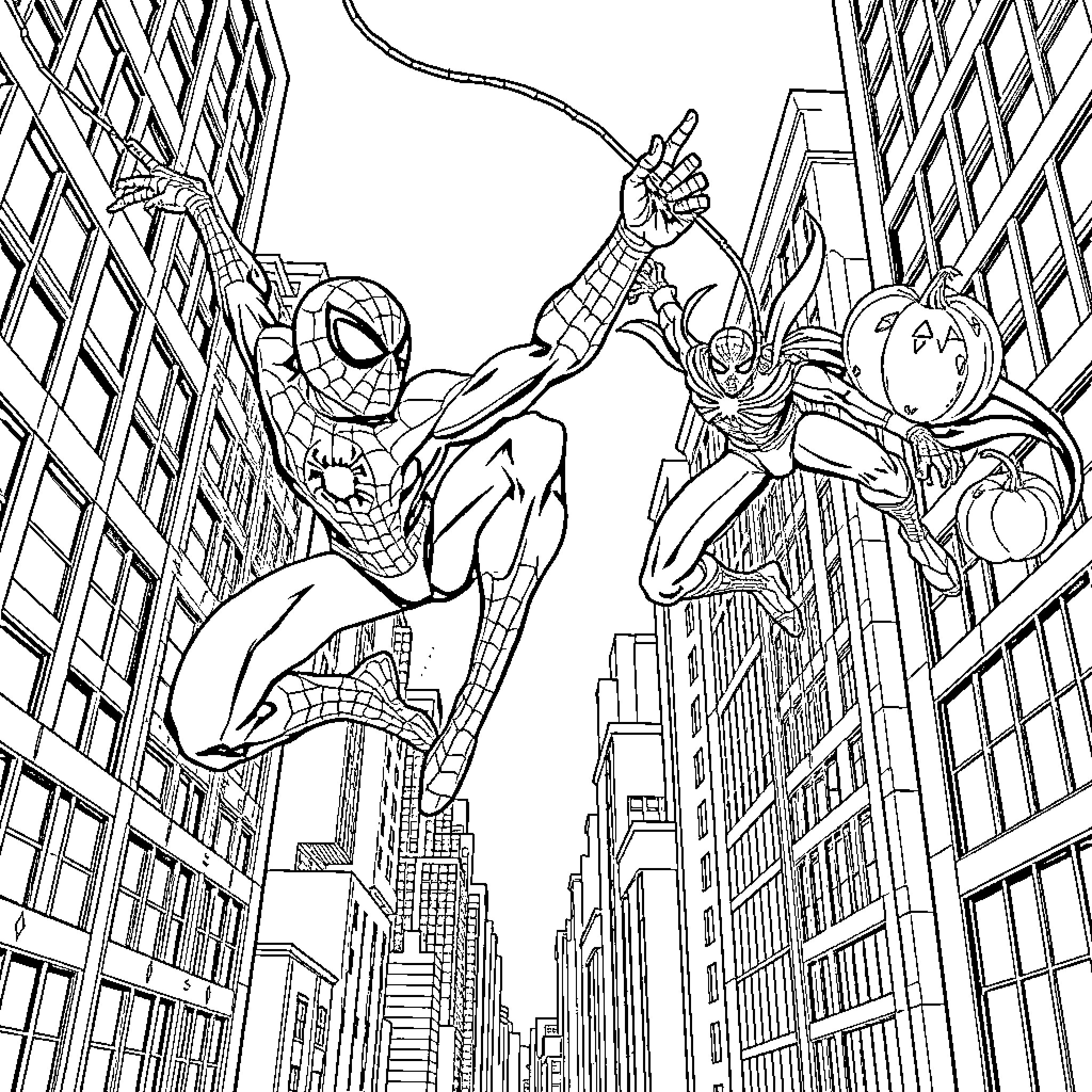 Spiderman and allies swinging through the city Coloring Page (free black-and-white line drawing printable PDF for all, from beginners to advanced learners, including children, teens, adults, and seniors)