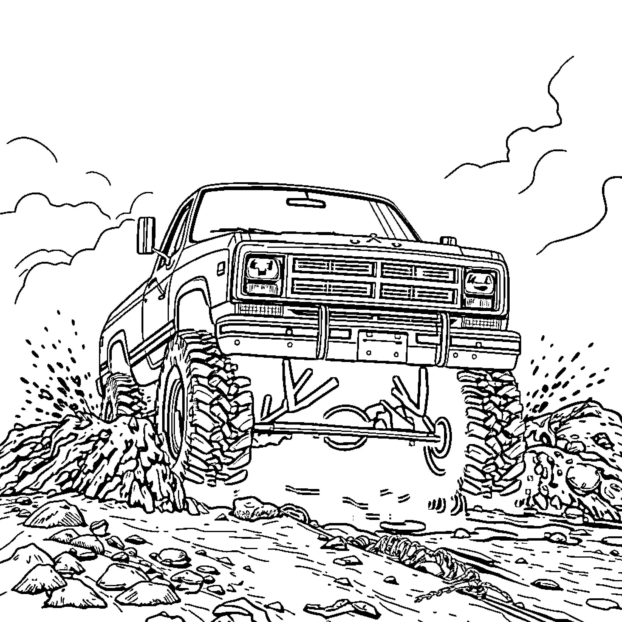 Dodge Truck Navigating Rugged Terrain Coloring Page (free black-and-white line drawing printable PDF for all, from beginners to advanced learners, including children, teens, adults, and seniors)