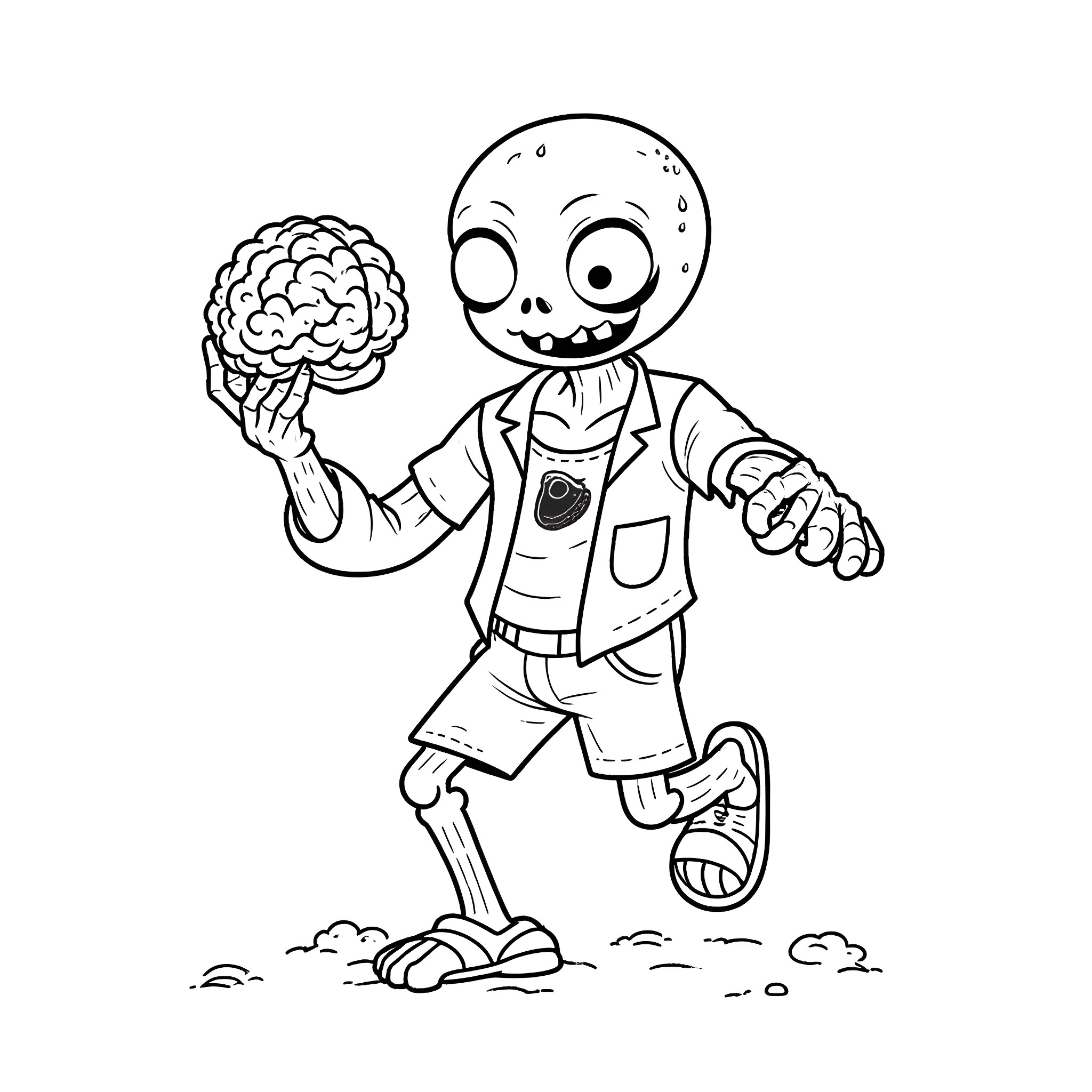 Zombie Holding a Brain Coloring Page (free black-and-white line drawing printable PDF for all, from beginners to advanced learners, including children, teens, adults, and seniors)