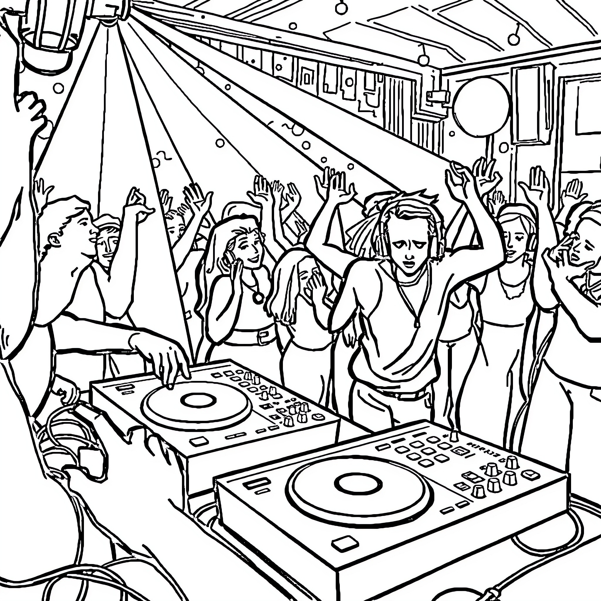 DJ Spins Tunes for Energetic Partygoers Coloring Page (free black-and-white line drawing printable PDF for all, from beginners to advanced learners, including children, teens, adults, and seniors)
