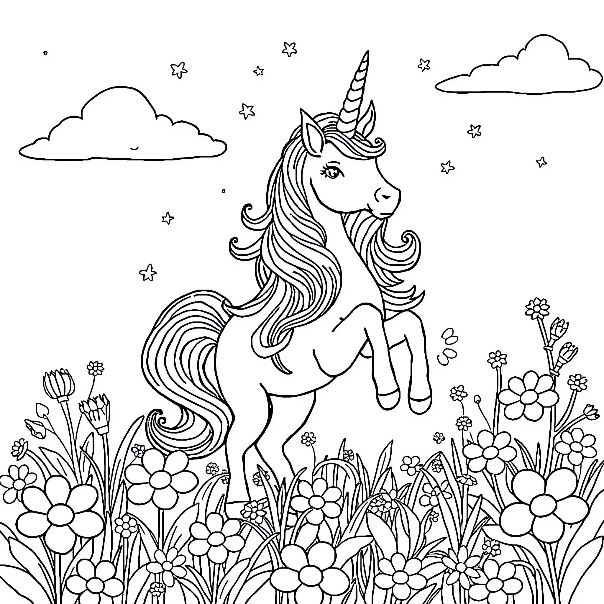 Unicorn standing amidst blooming flowers and stars Coloring Page (free black-and-white line drawing printable PDF for all, from beginners to advanced learners, including children, teens, adults, and seniors)
