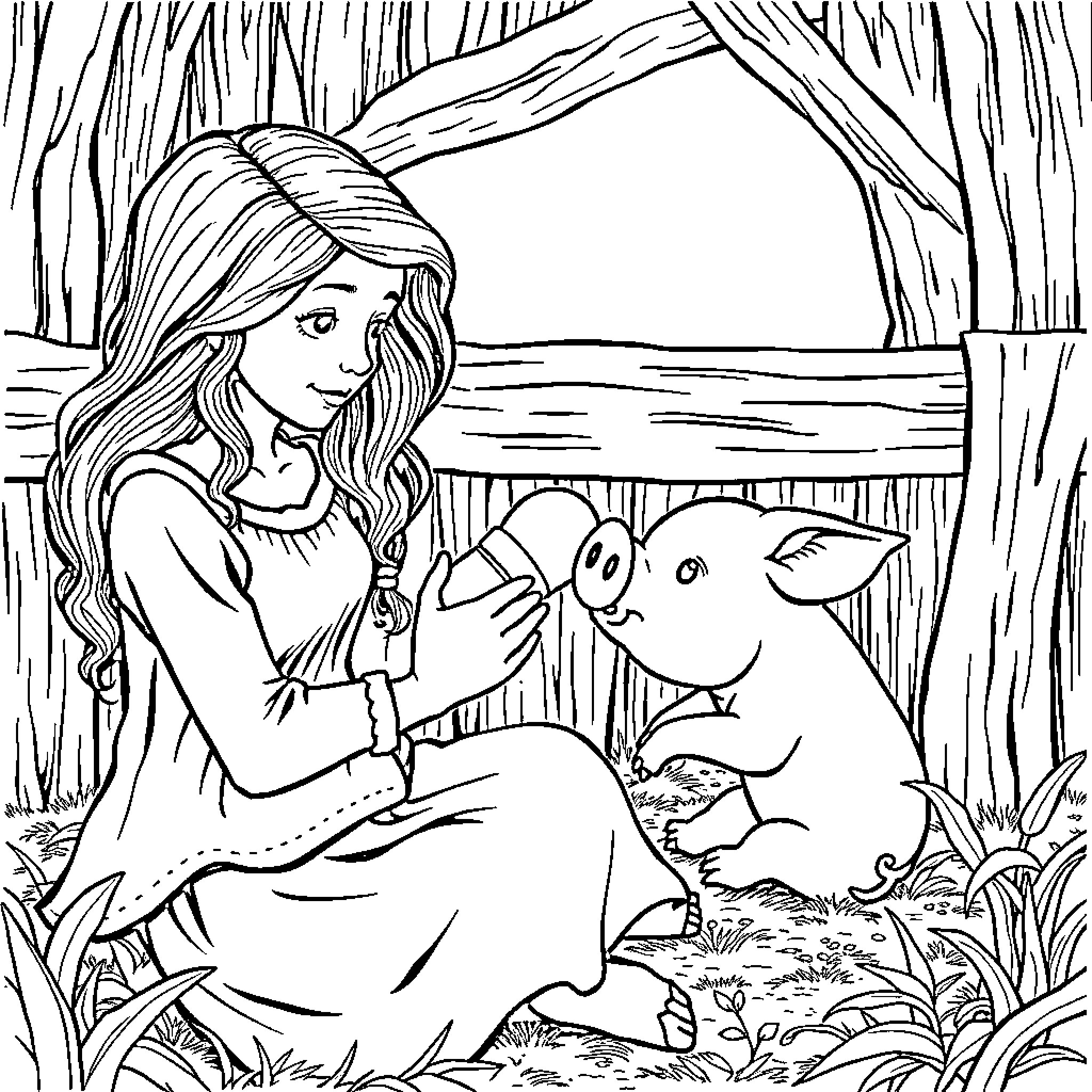 Fern girl tenderly caring for small creature Coloring Page (free black-and-white line drawing printable PDF for all, from beginners to advanced learners, including children, teens, adults, and seniors)