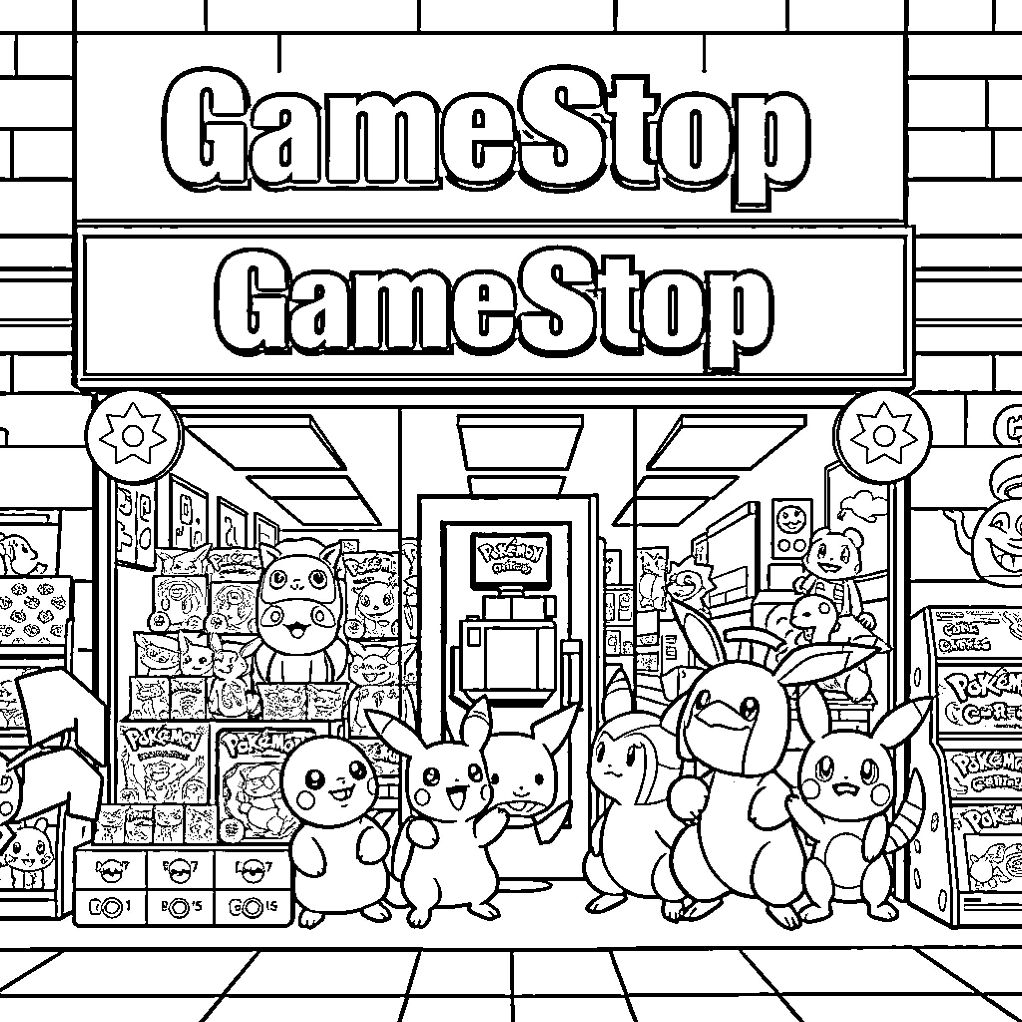 Pokémon characters visiting a GameStop store Coloring Page (free black-and-white line drawing printable PDF for all, from beginners to advanced learners, including children, teens, adults, and seniors)
