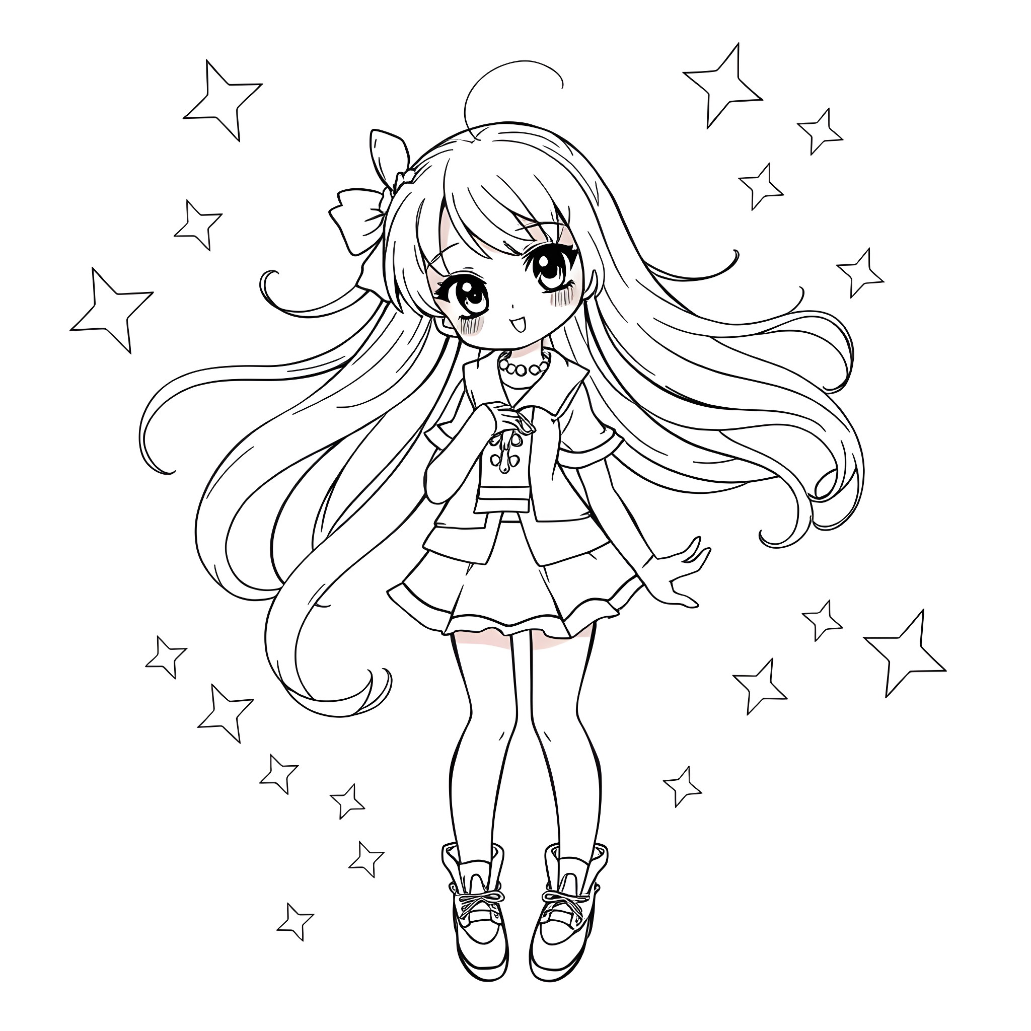 Anime Girl Smiling Happily with Flowing Hair and Stars Coloring Page (free black-and-white line drawing printable PDF for all, from beginners to advanced learners, including children, teens, adults, and seniors)