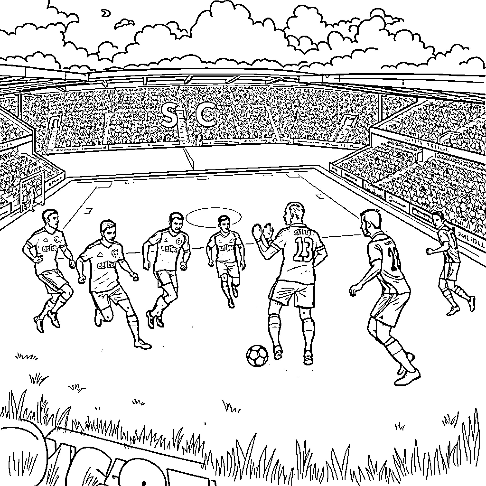 Stevenage FC players in action on the pitch Coloring Page (free black-and-white line drawing printable PDF for all, from beginners to advanced learners, including children, teens, adults, and seniors)