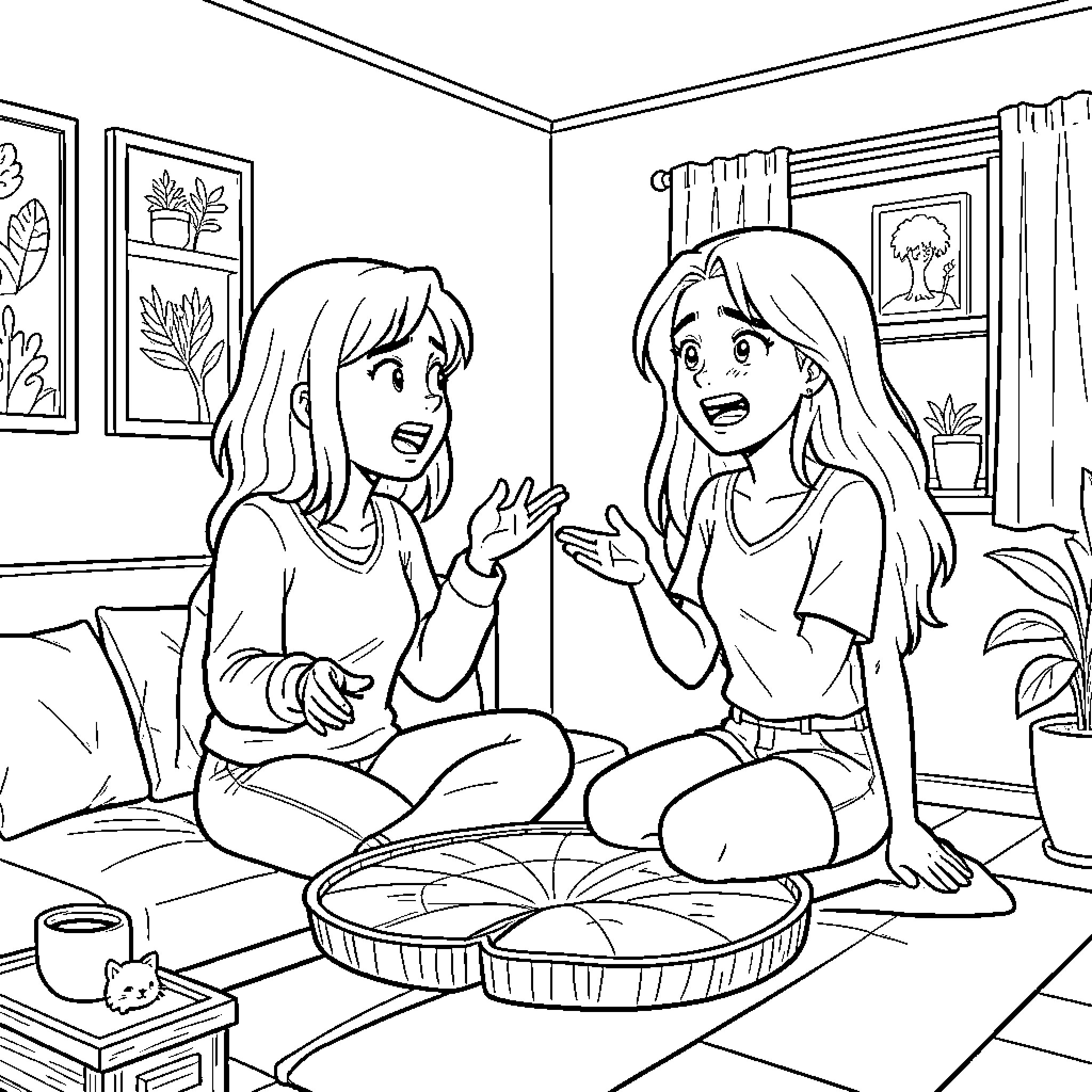Lilipad two girls chatting animatedly while sitting together Coloring Page (free black-and-white line drawing printable PDF for all, from beginners to advanced learners, including children, teens, adults, and seniors)