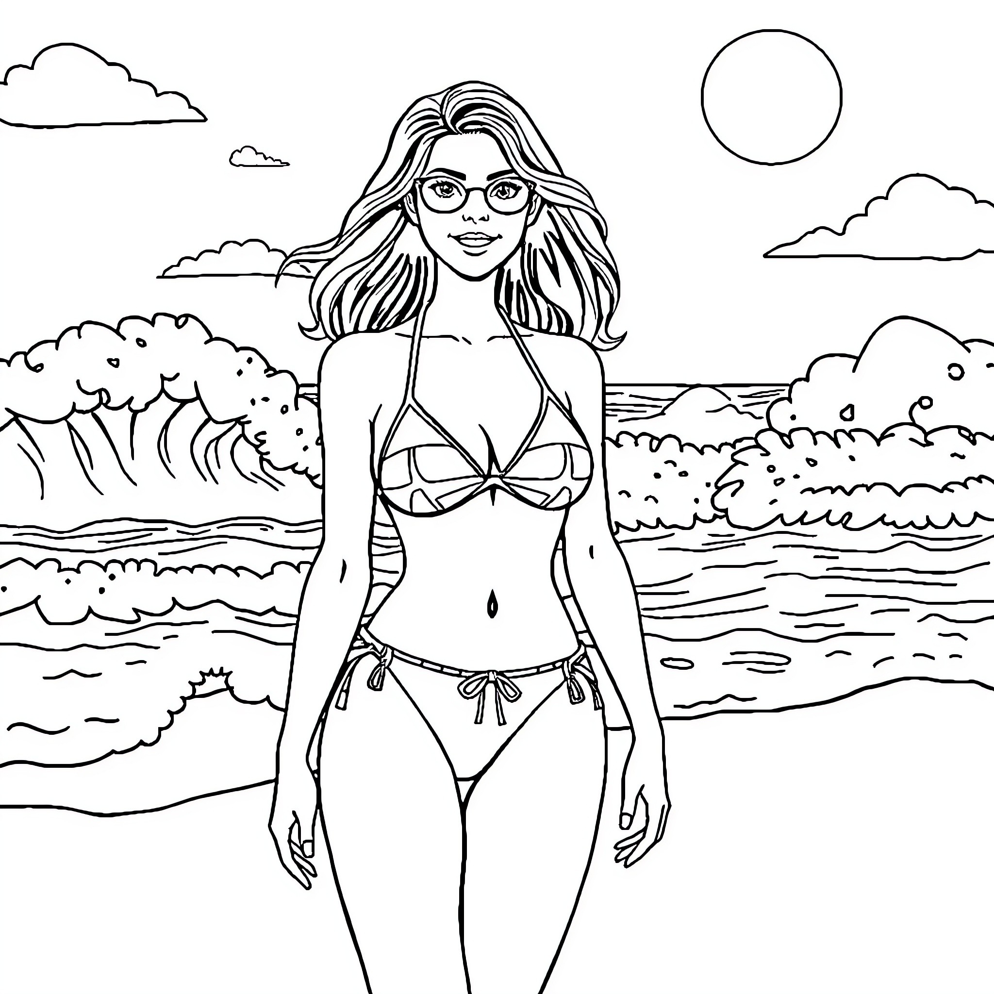 Sarah enjoying the beach in swimwear Coloring Page (free black-and-white line drawing printable PDF for all, from beginners to advanced learners, including children, teens, adults, and seniors)