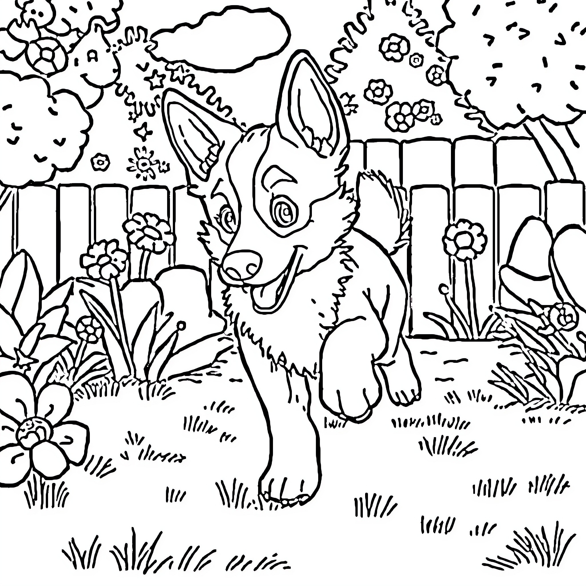 Bluey playing joyfully in the garden Coloring Page (free black-and-white line drawing printable PDF for all, from beginners to advanced learners, including children, teens, adults, and seniors)