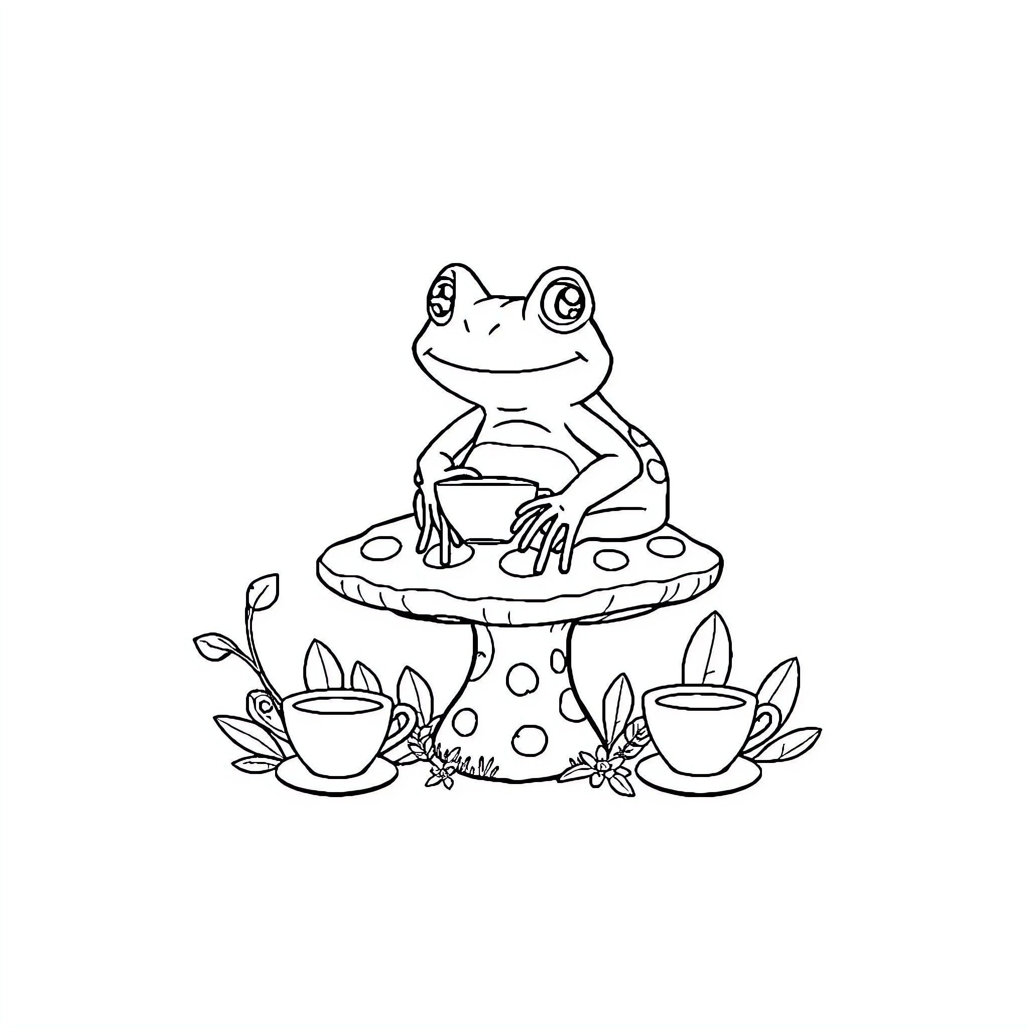 Frog relaxing on a mushroom with tea cups Coloring Page (free black-and-white line drawing printable PDF for all, from beginners to advanced learners, including children, teens, adults, and seniors)
