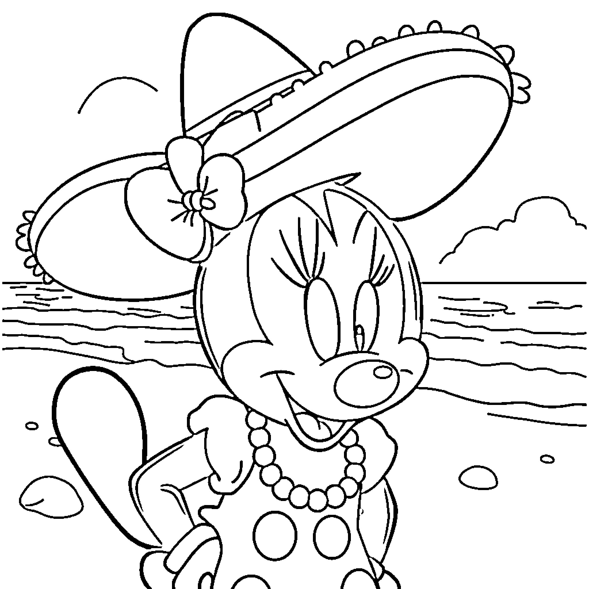 Minnie enjoying a day at the beach Coloring Page (free black-and-white line drawing printable PDF for all, from beginners to advanced learners, including children, teens, adults, and seniors)
