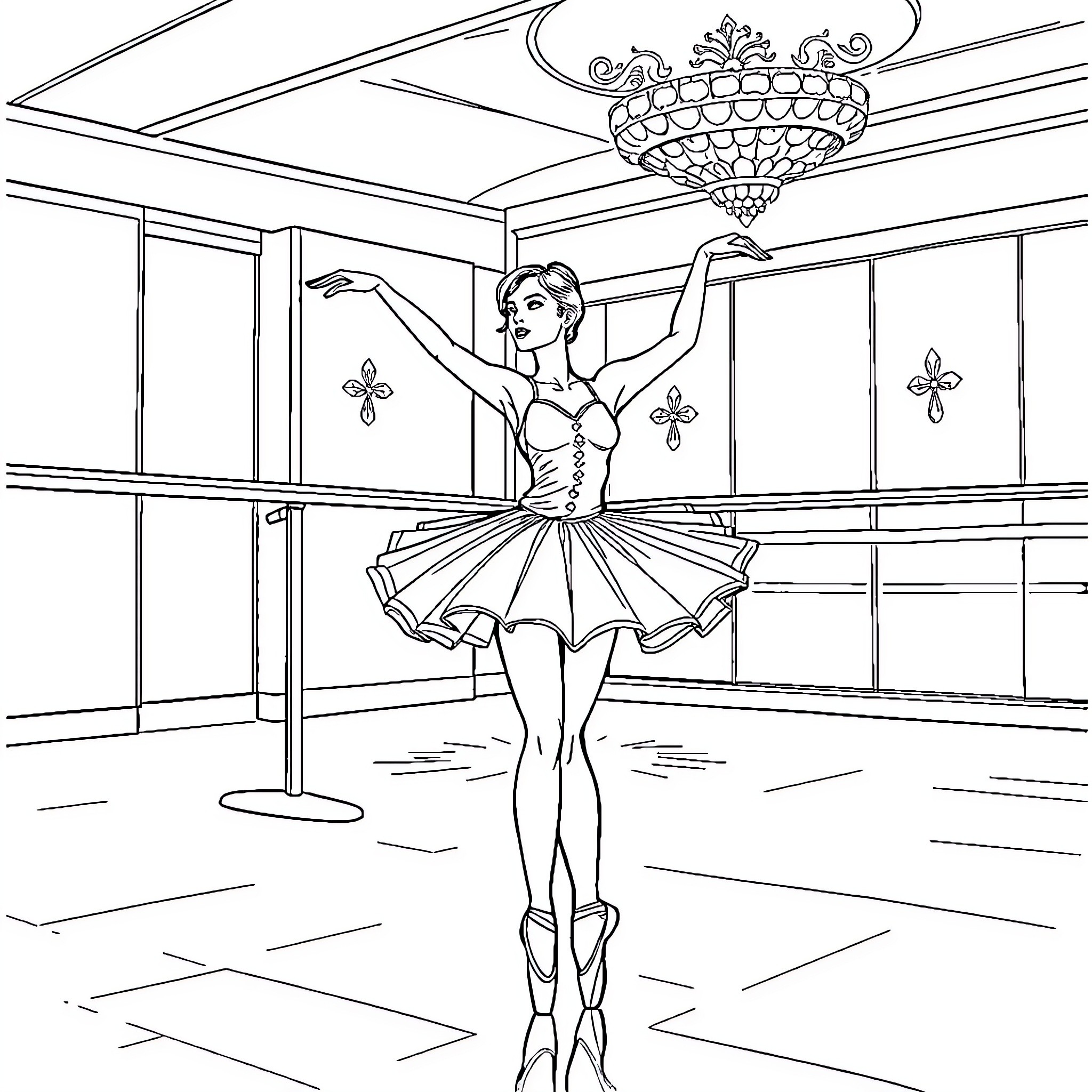 Ballet Dancer performing graceful ballet pose in studio Coloring Page (free black-and-white line drawing printable PDF for all, from beginners to advanced learners, including children, teens, adults, and seniors)