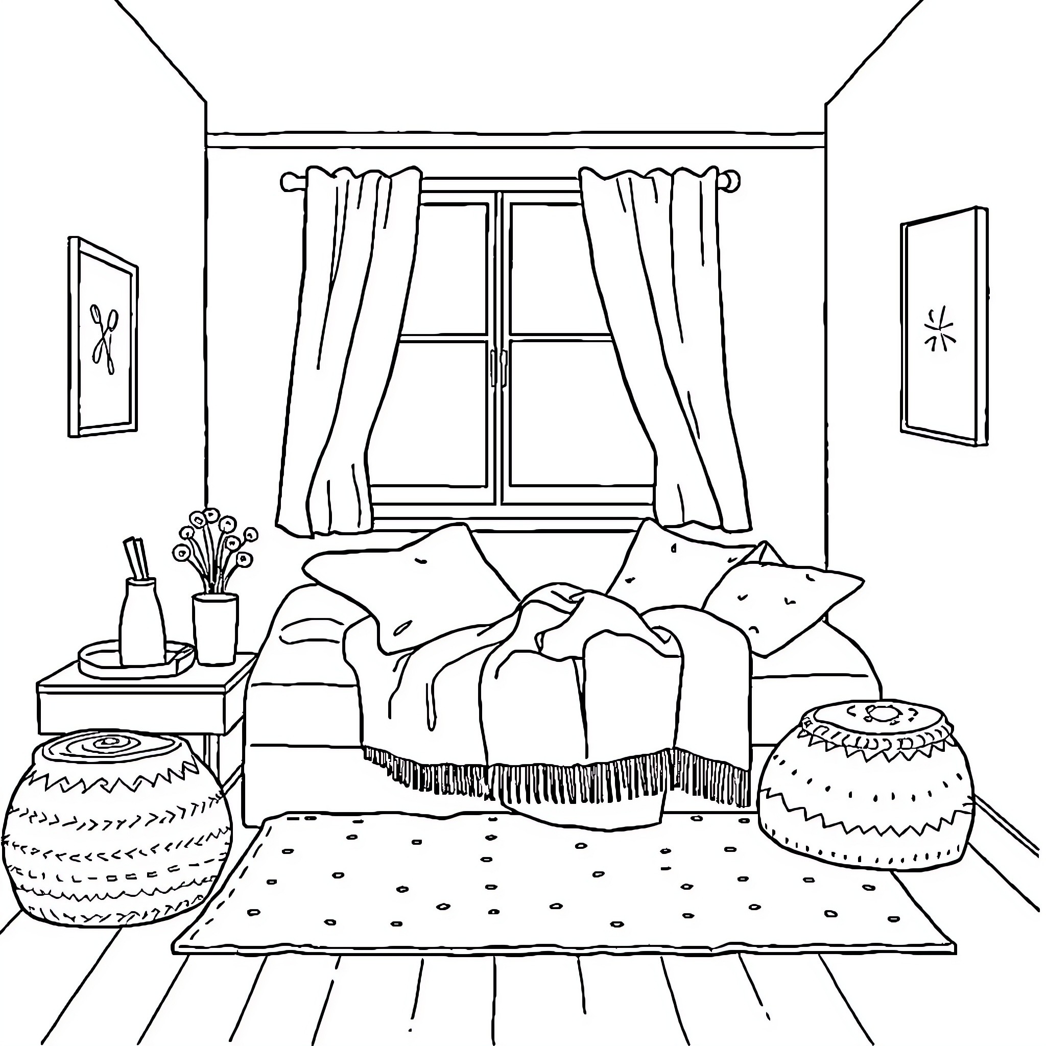 Corner of a cozy bedroom with sleeping cats Coloring Page (free black-and-white line drawing printable PDF for all, from beginners to advanced learners, including children, teens, adults, and seniors)