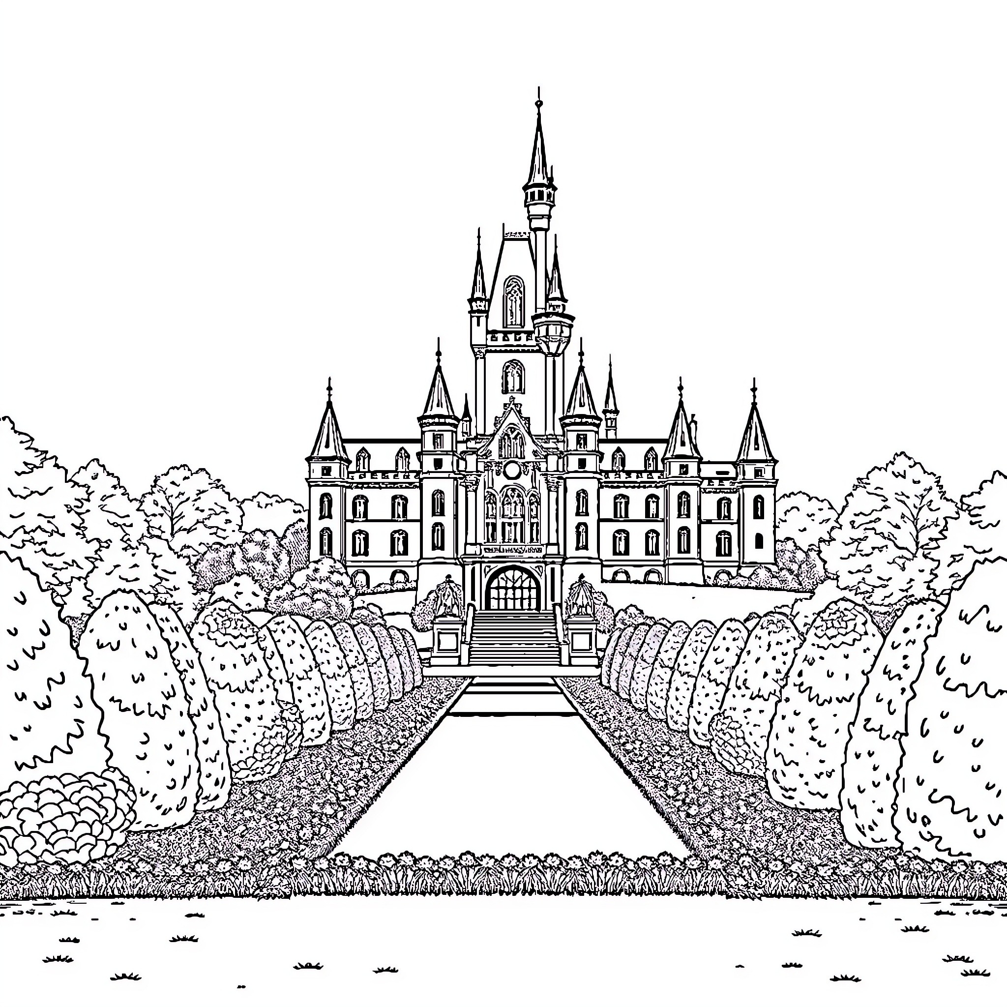 Castle Surrounded by Lush Greenery and Scenic Pathways Coloring Page (free black-and-white line drawing printable PDF for all, from beginners to advanced learners, including children, teens, adults, and seniors)