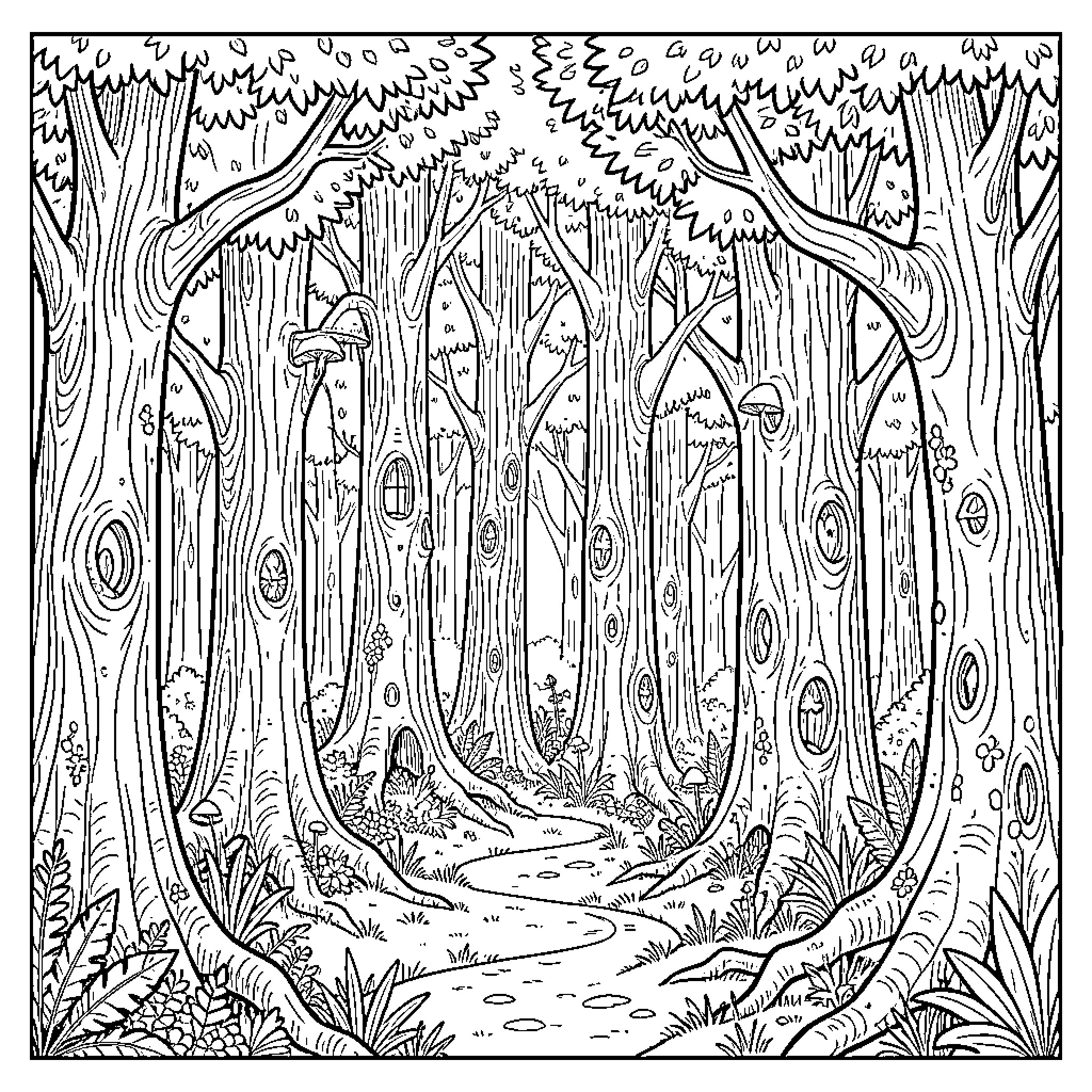 Forest with magical tiny houses built into trees Coloring Page (free black-and-white line drawing printable PDF for all, from beginners to advanced learners, including children, teens, adults, and seniors)