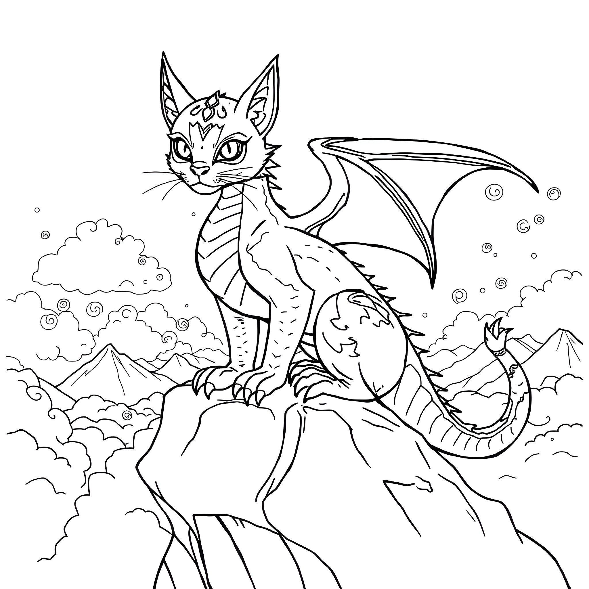 Dragon Cat in Magical Mountainous Landscape Coloring Page (free black-and-white line drawing printable PDF for all, from beginners to advanced learners, including children, teens, adults, and seniors)