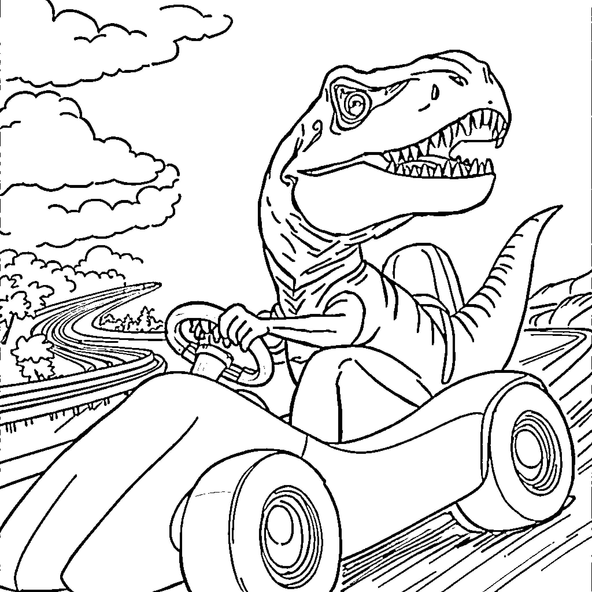 Tyrannosaurus Rex driving a racing car on a winding road Coloring Page (free black-and-white line drawing printable PDF for all, from beginners to advanced learners, including children, teens, adults, and seniors)