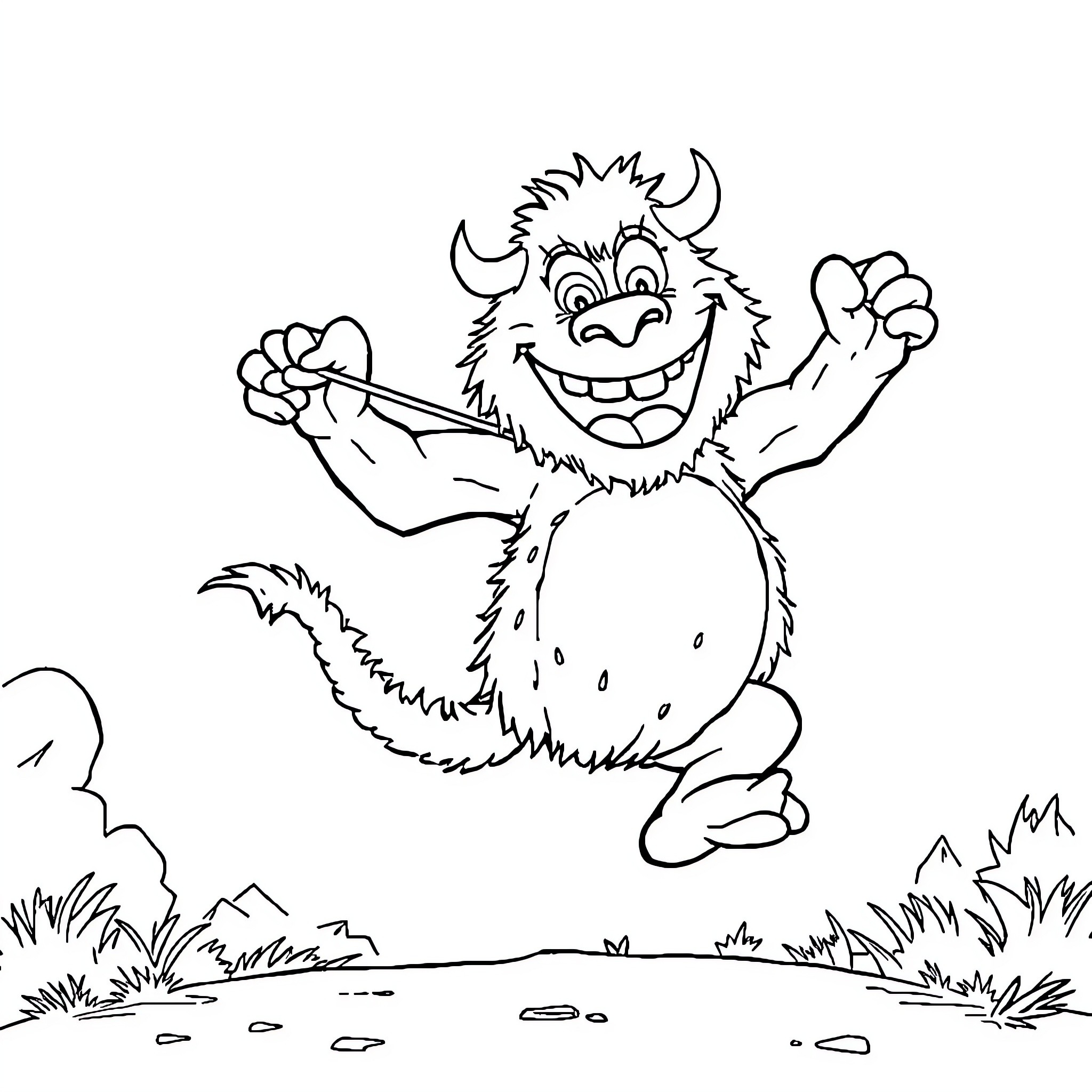 Monster Joyfully Leaping in the Outdoors Coloring Page (free black-and-white line drawing printable PDF for all, from beginners to advanced learners, including children, teens, adults, and seniors)