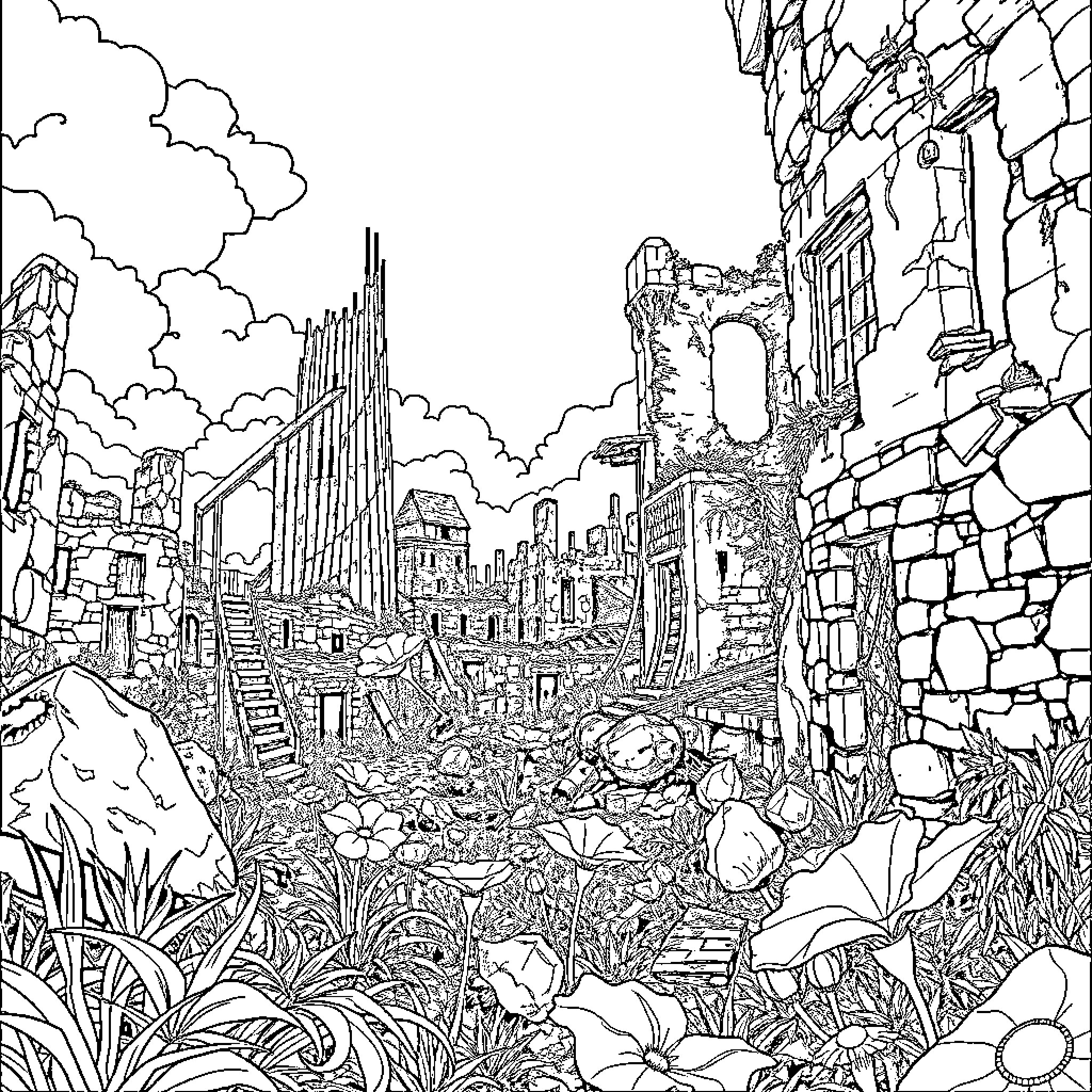 Fallout Aftermath in the Ruined City Coloring Page (free black-and-white line drawing printable PDF for all, from beginners to advanced learners, including children, teens, adults, and seniors)
