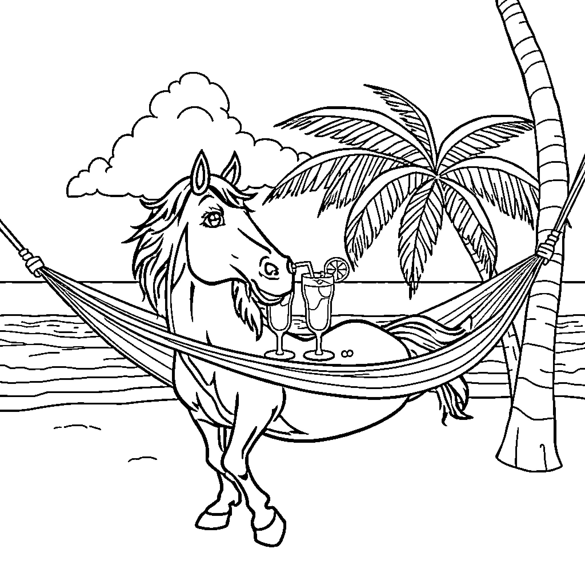 Horse relaxing in a hammock on the beach Coloring Page (free black-and-white line drawing printable PDF for all, from beginners to advanced learners, including children, teens, adults, and seniors)