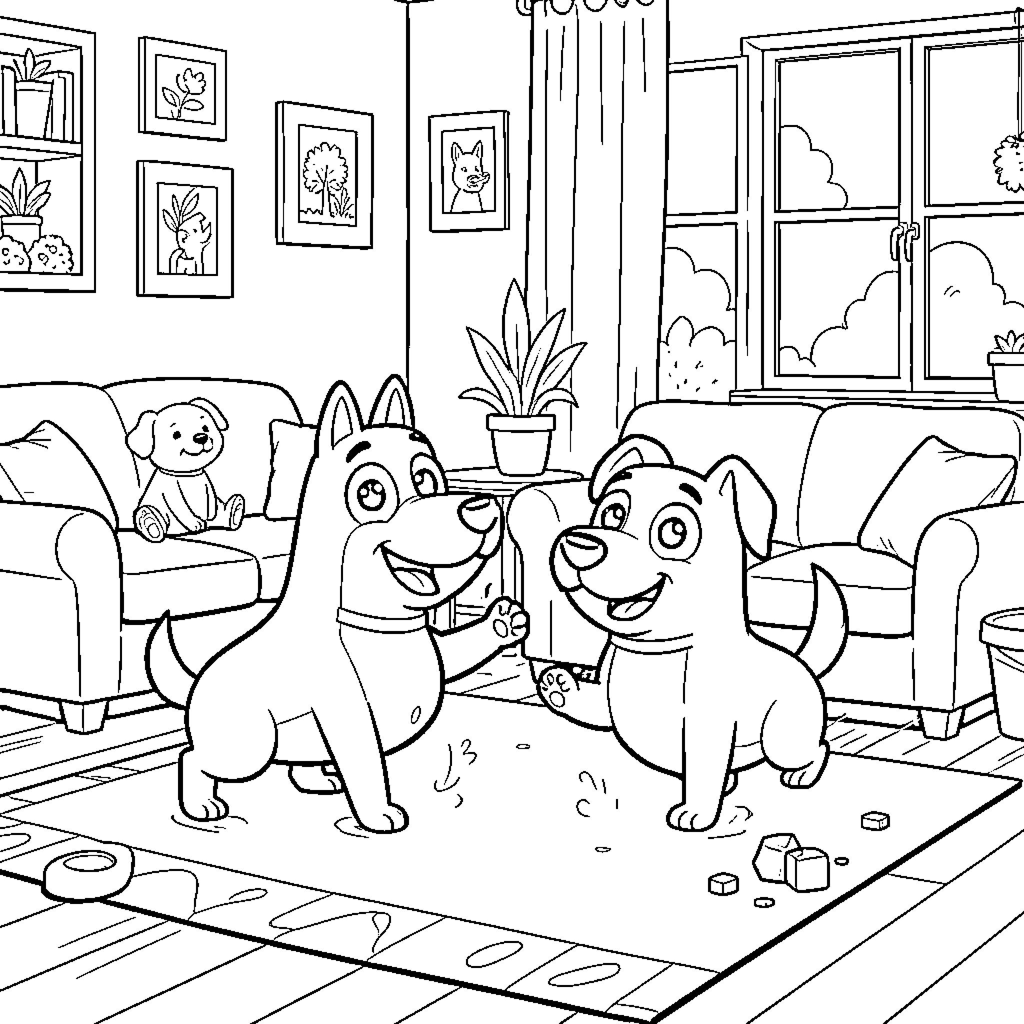 Bluey and friend playing happily on a rug Coloring Page (free black-and-white line drawing printable PDF for all, from beginners to advanced learners, including children, teens, adults, and seniors)