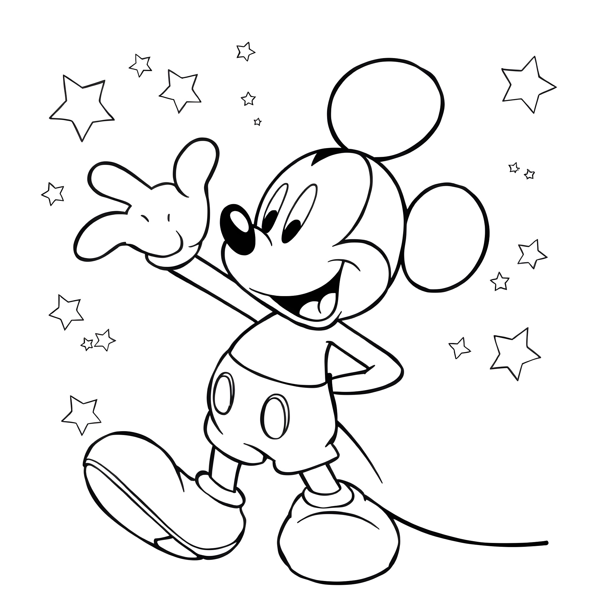 Mickey Mouse playing with stars Coloring Page (free black-and-white line drawing printable PDF for all, from beginners to advanced learners, including children, teens, adults, and seniors)