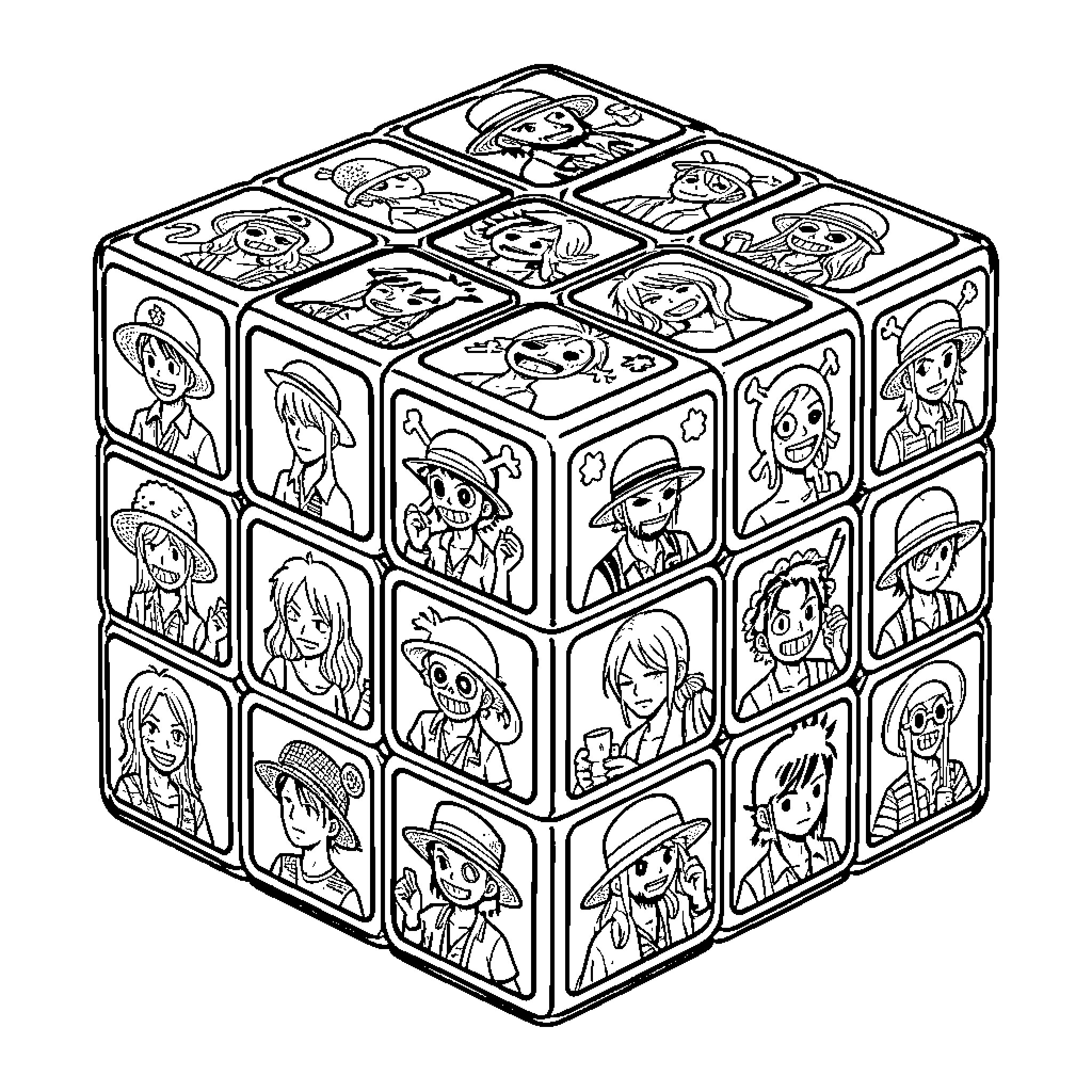 Rubik's Cube with Cartoon Character Portraits Coloring Page (free black-and-white line drawing printable PDF for all, from beginners to advanced learners, including children, teens, adults, and seniors)