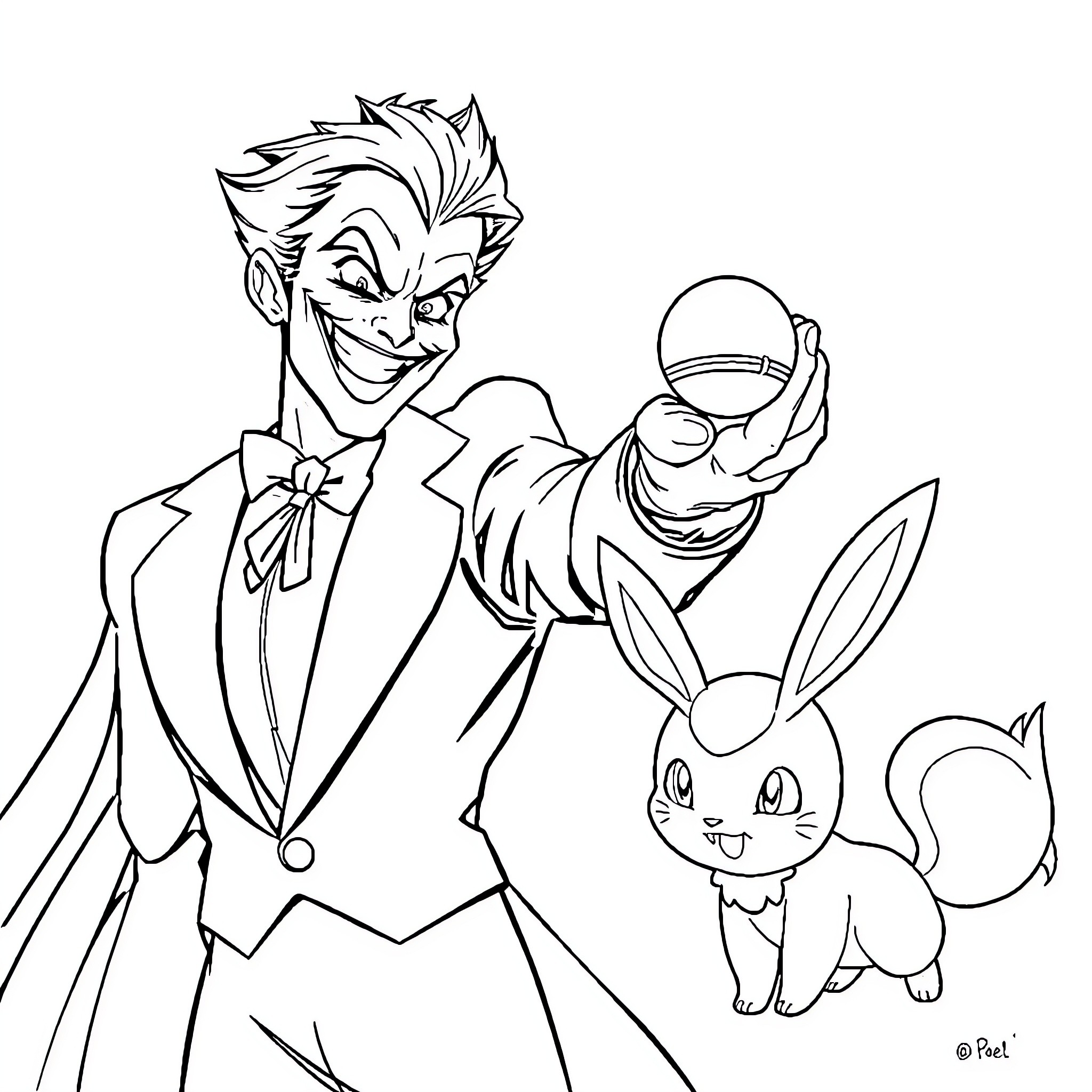 Joker's Playful Antics with Furry Companion Coloring Page (free black-and-white line drawing printable PDF for all, from beginners to advanced learners, including children, teens, adults, and seniors)