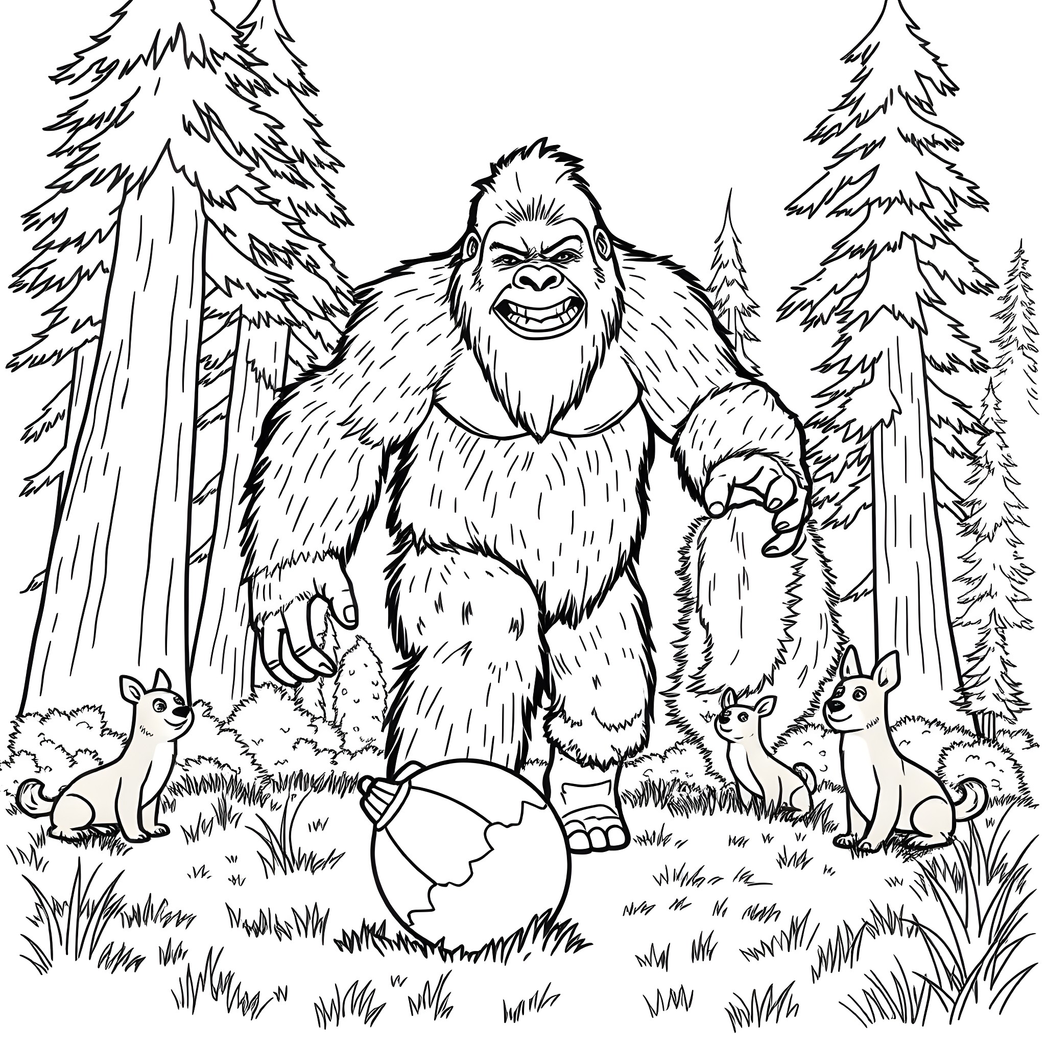 Bigfoot happily exploring the forest with animals Coloring Page (free black-and-white line drawing printable PDF for all, from beginners to advanced learners, including children, teens, adults, and seniors)