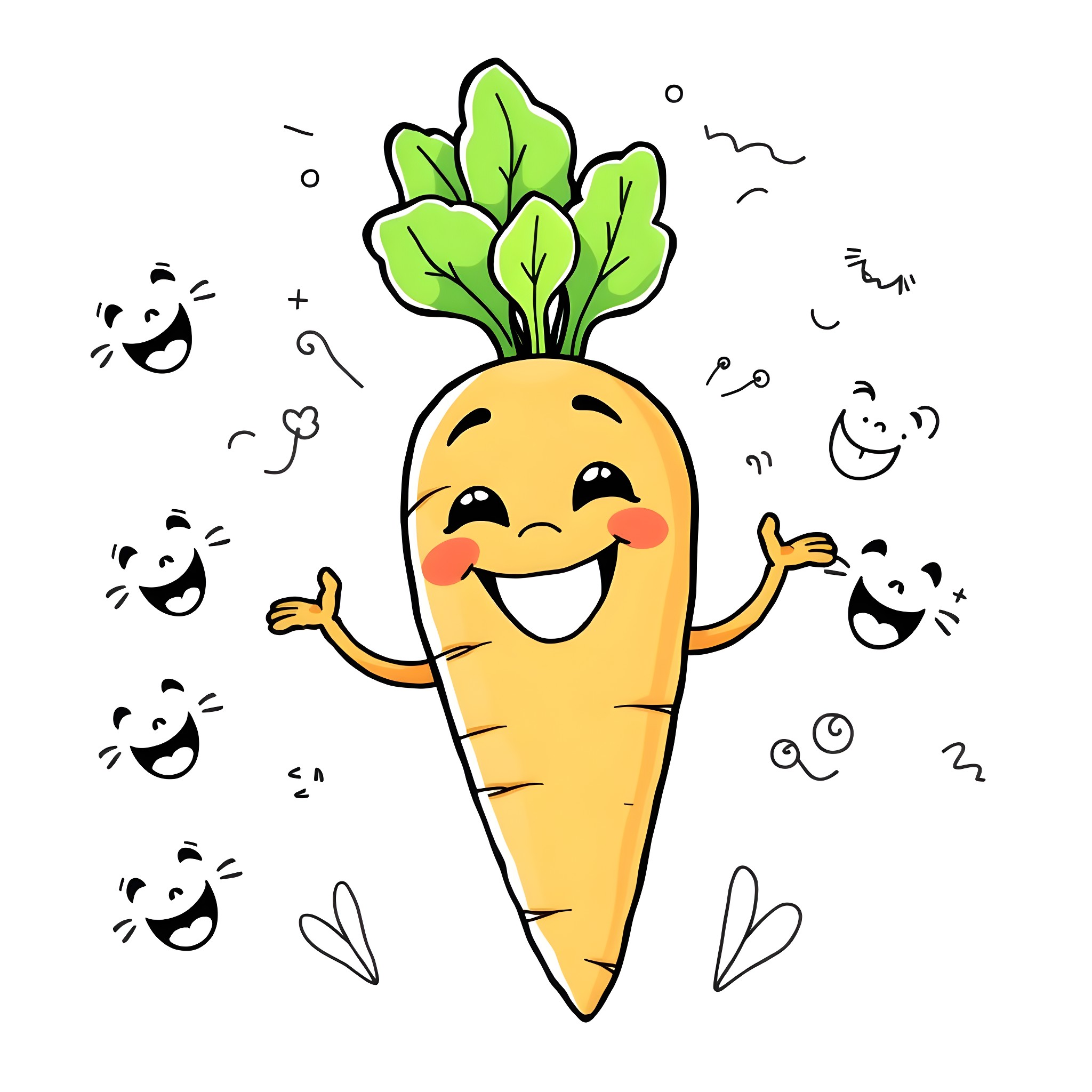 Carrot dancing happily with smiling faces Coloring Page (free black-and-white line drawing printable PDF for all, from beginners to advanced learners, including children, teens, adults, and seniors)