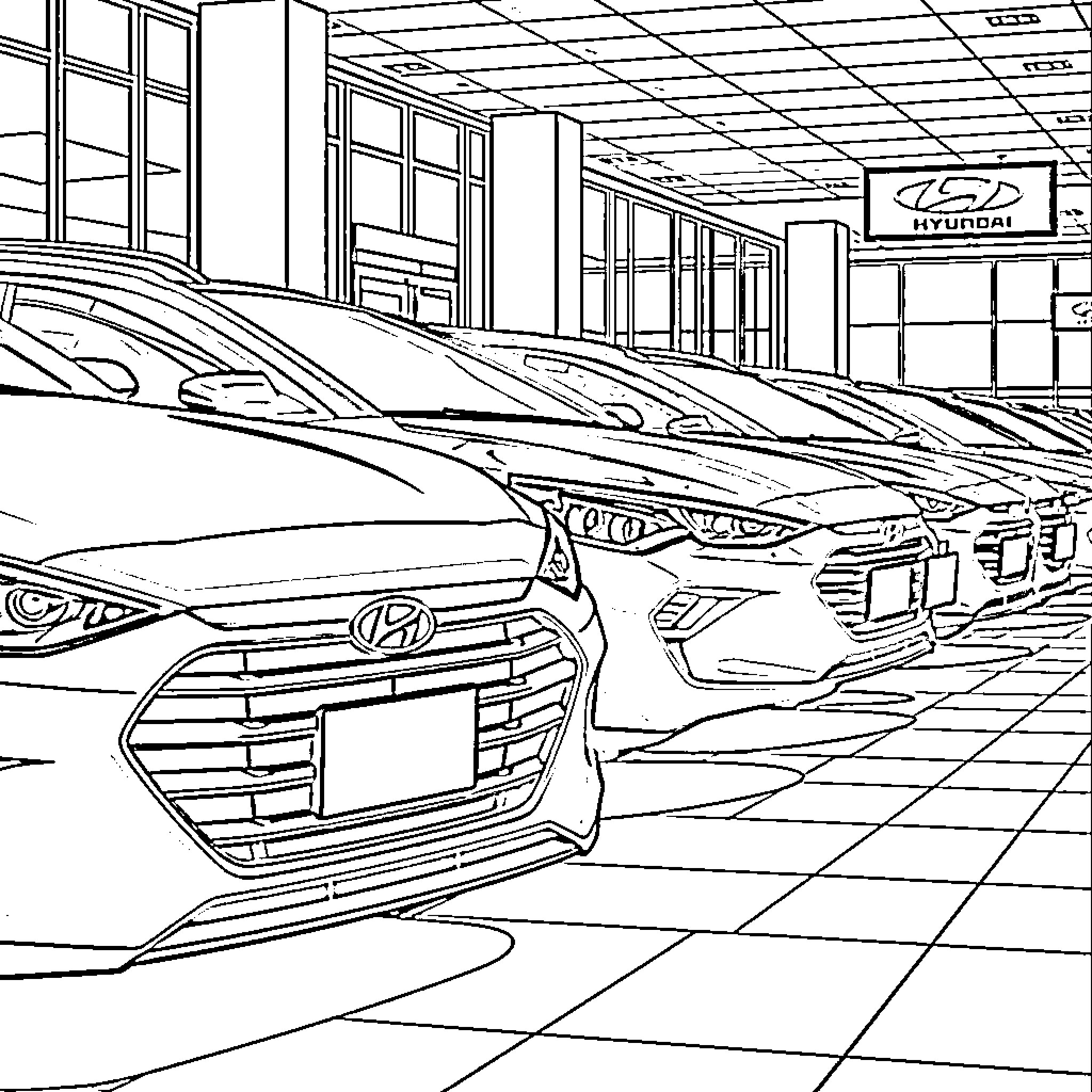 Hyundai vehicles showcased in showroom display Coloring Page (free black-and-white line drawing printable PDF for all, from beginners to advanced learners, including children, teens, adults, and seniors)
