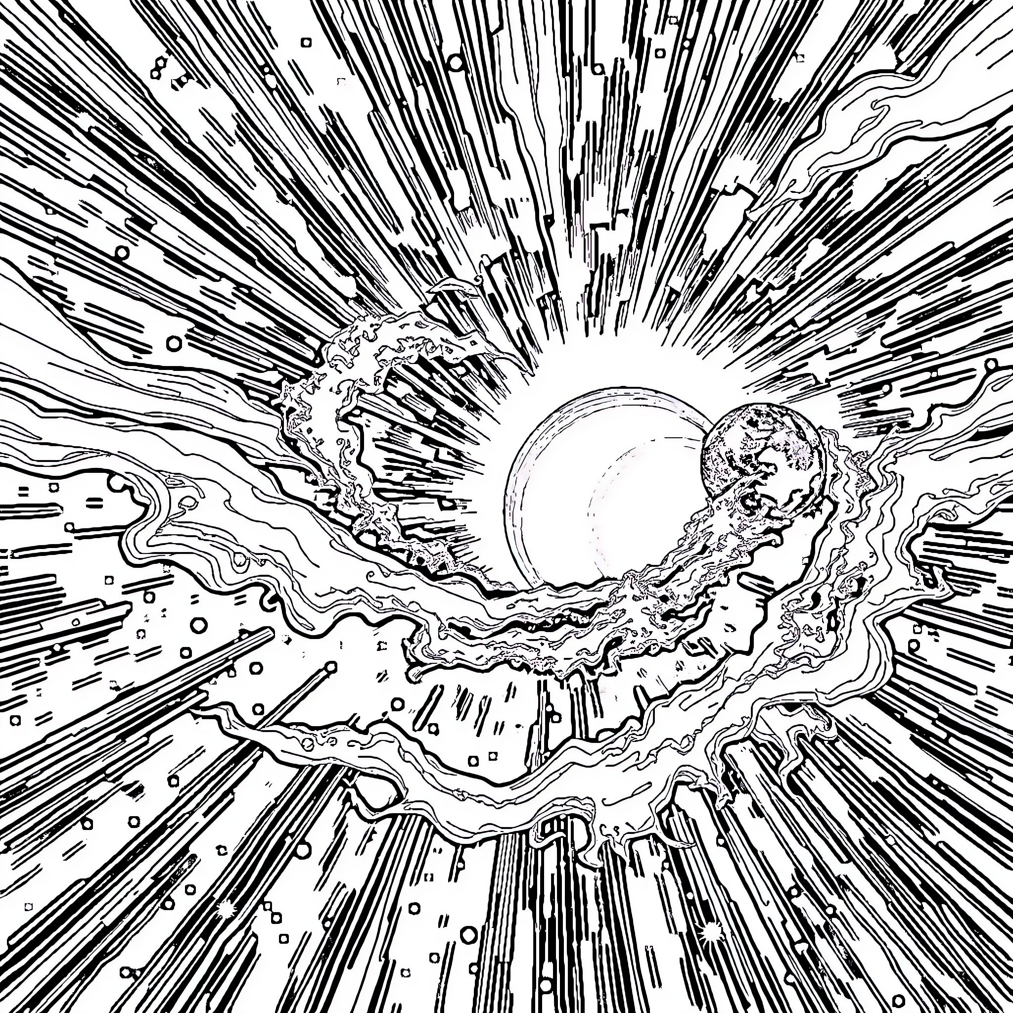 Black Hole Cosmic Explosion with Celestial Bodies Coloring Page (free black-and-white line drawing printable PDF for all, from beginners to advanced learners, including children, teens, adults, and seniors)