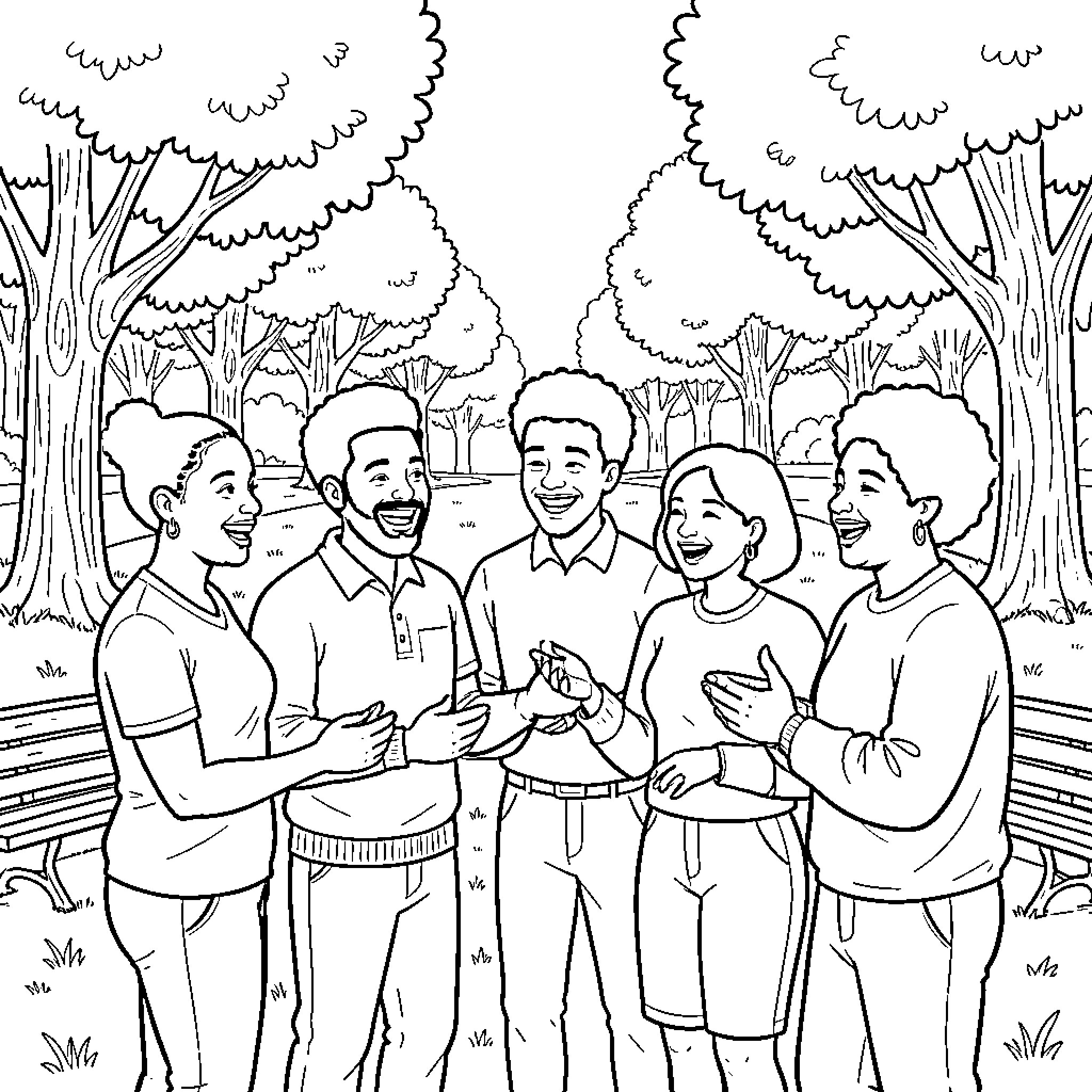 Black People laughing and talking together in a park Coloring Page (free black-and-white line drawing printable PDF for all, from beginners to advanced learners, including children, teens, adults, and seniors)