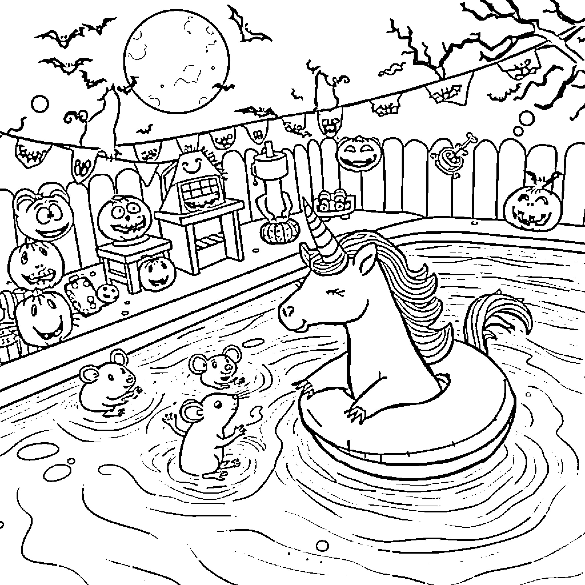 Rat party in the magical Halloween pool Coloring Page (free black-and-white line drawing printable PDF for all, from beginners to advanced learners, including children, teens, adults, and seniors)
