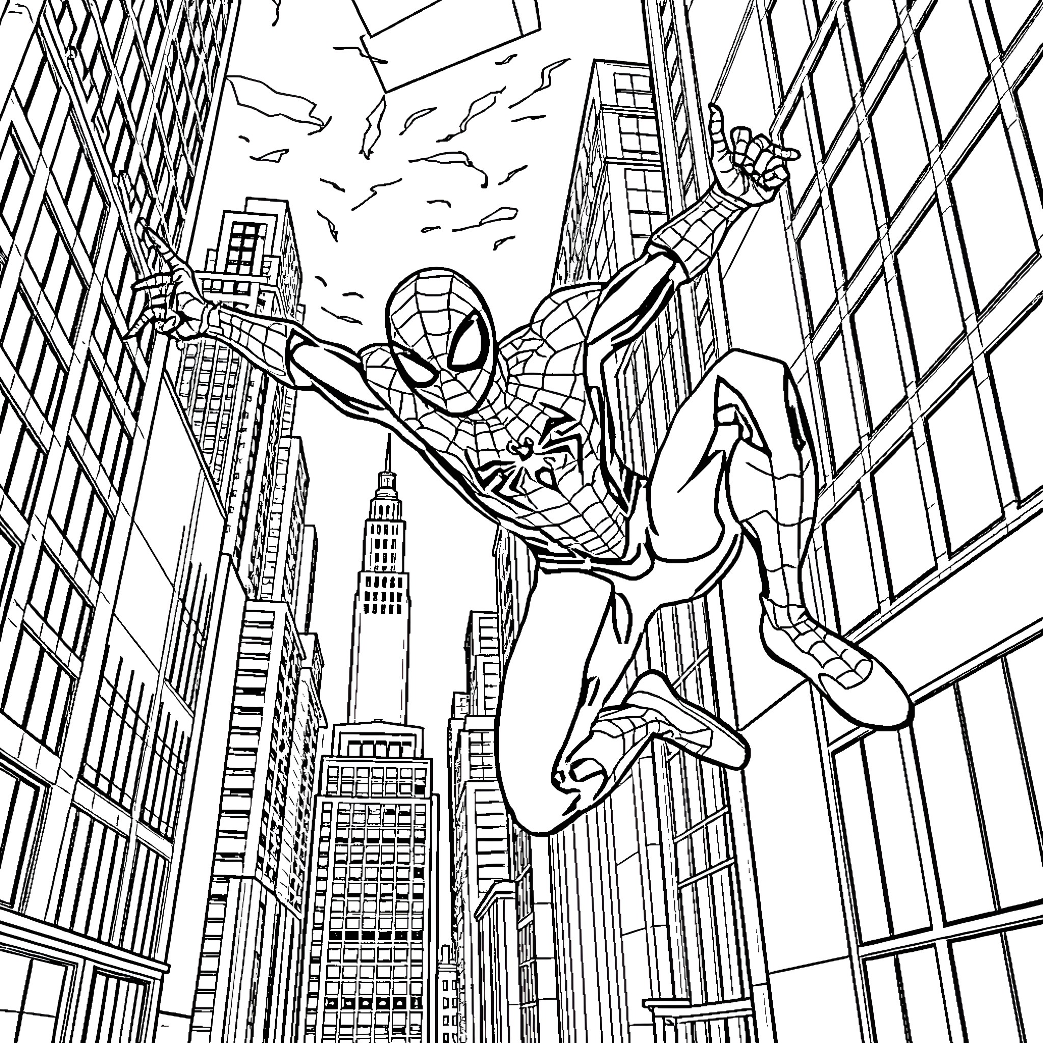 Spiderman swinging through the city skyscrapers Coloring Page (free black-and-white line drawing printable PDF for all, from beginners to advanced learners, including children, teens, adults, and seniors)