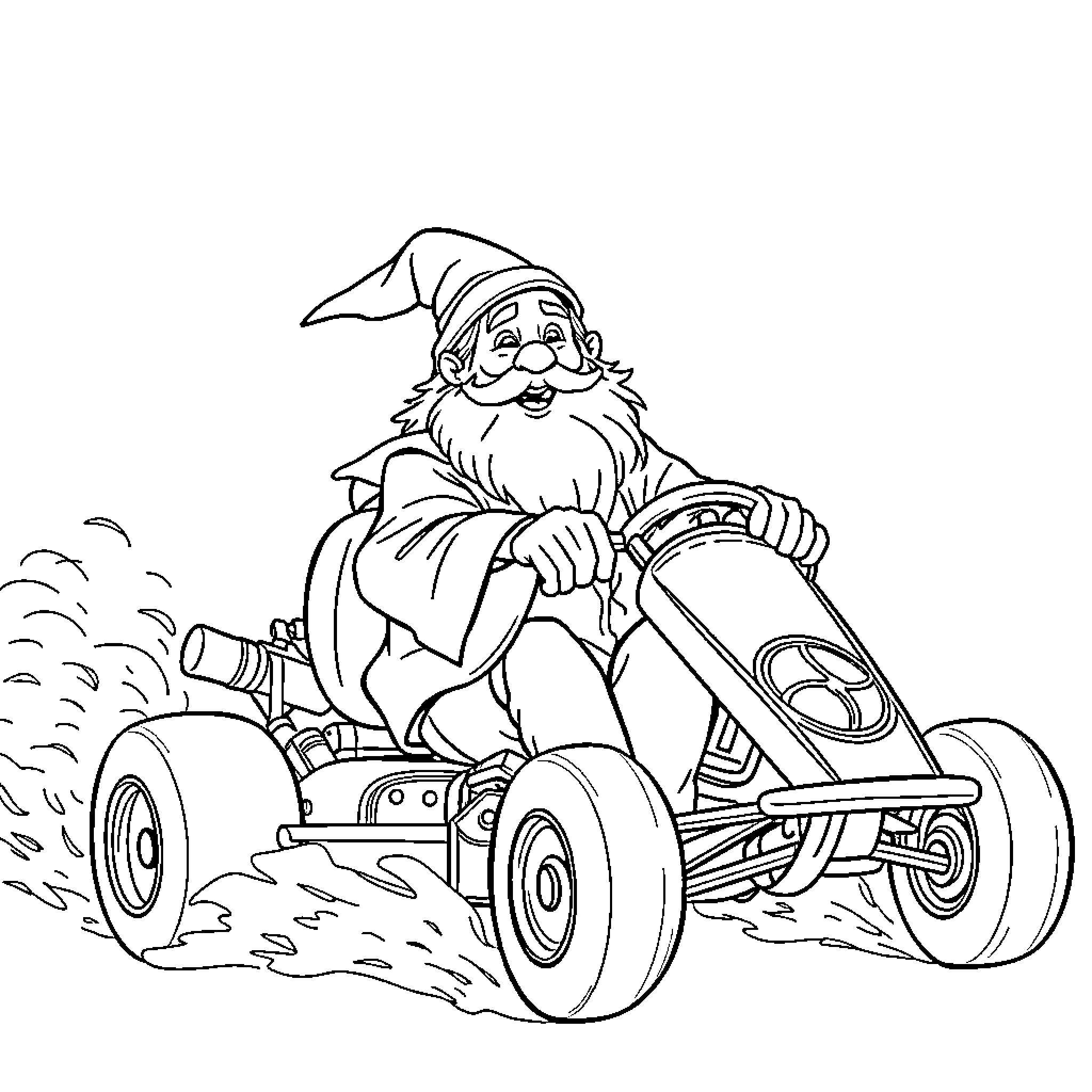 Gandalf riding an adventurous all-terrain vehicle Coloring Page (free black-and-white line drawing printable PDF for all, from beginners to advanced learners, including children, teens, adults, and seniors)