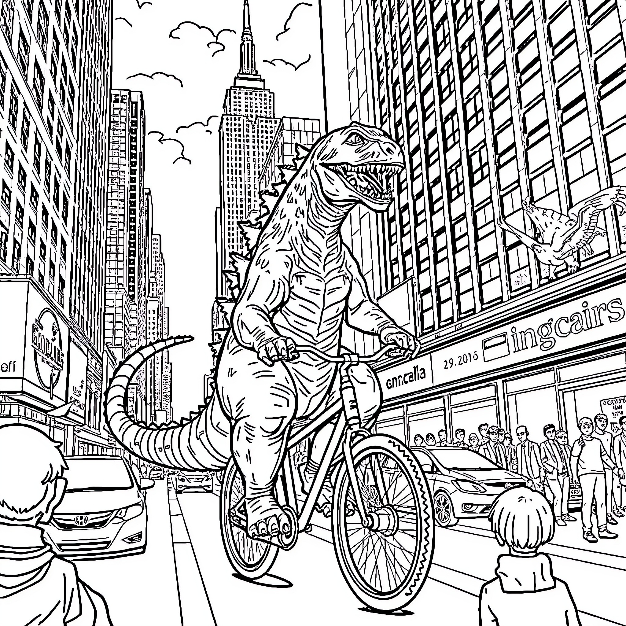 Godzilla riding a bicycle through a crowded city Coloring Page (free black-and-white line drawing printable PDF for all, from beginners to advanced learners, including children, teens, adults, and seniors)