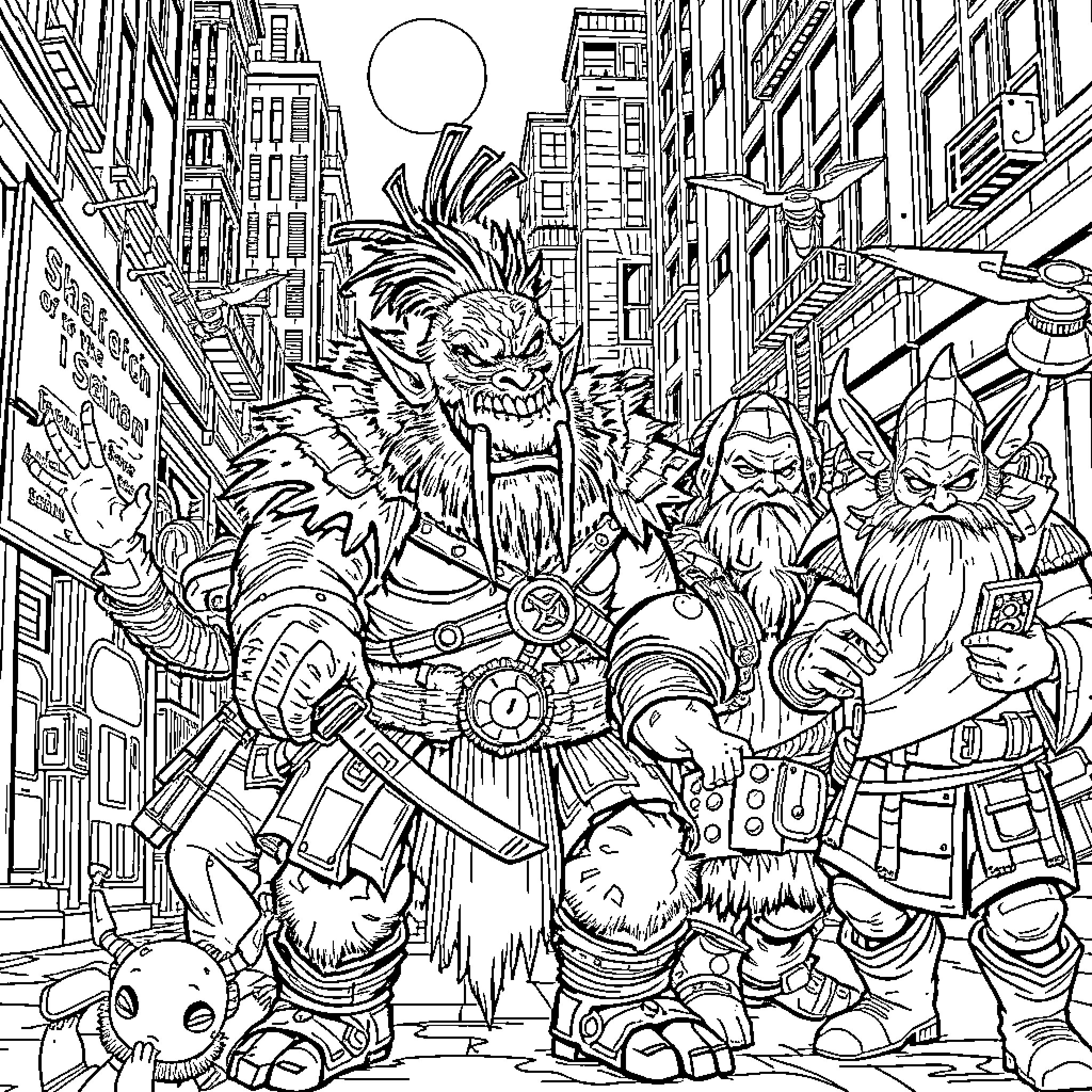 Troll army invading the city streets Coloring Page (free black-and-white line drawing printable PDF for all, from beginners to advanced learners, including children, teens, adults, and seniors)
