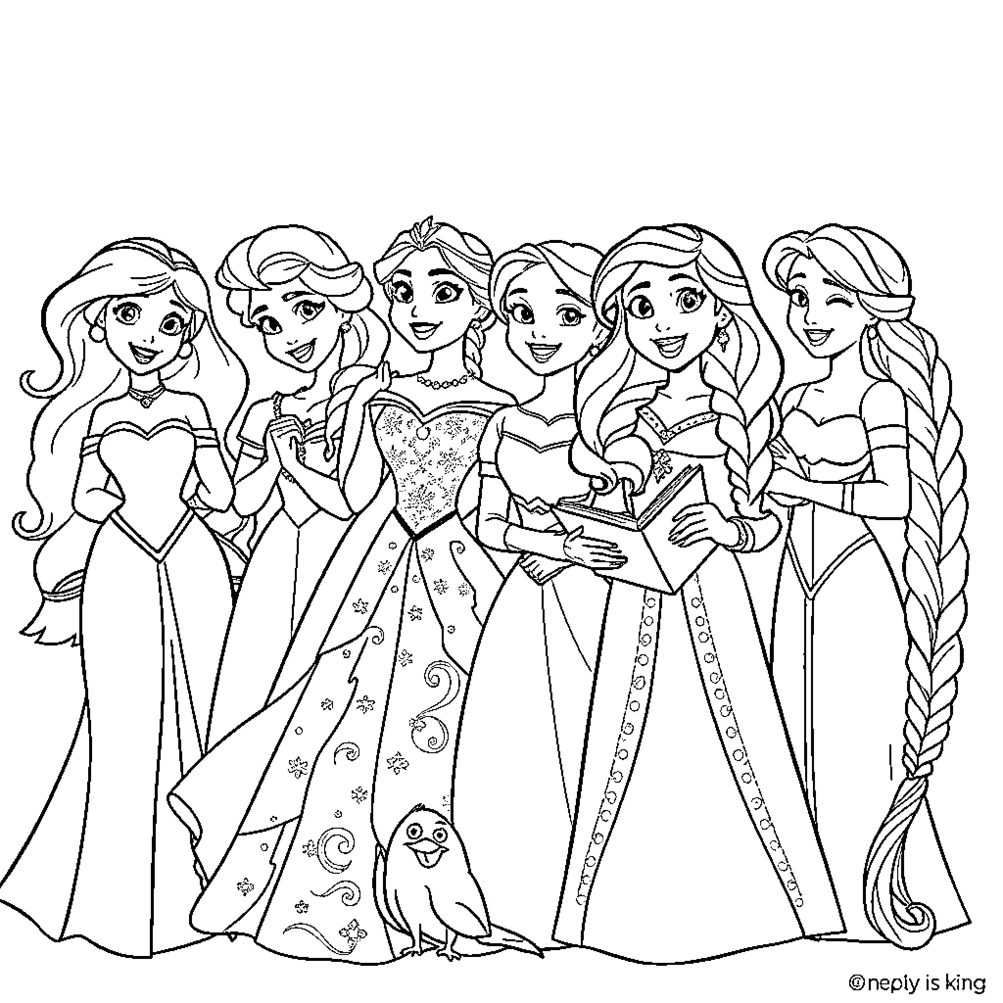 Disney Princess Group Posing in Elegant Gowns Coloring Page (free black-and-white line drawing printable PDF for all, from beginners to advanced learners, including children, teens, adults, and seniors)