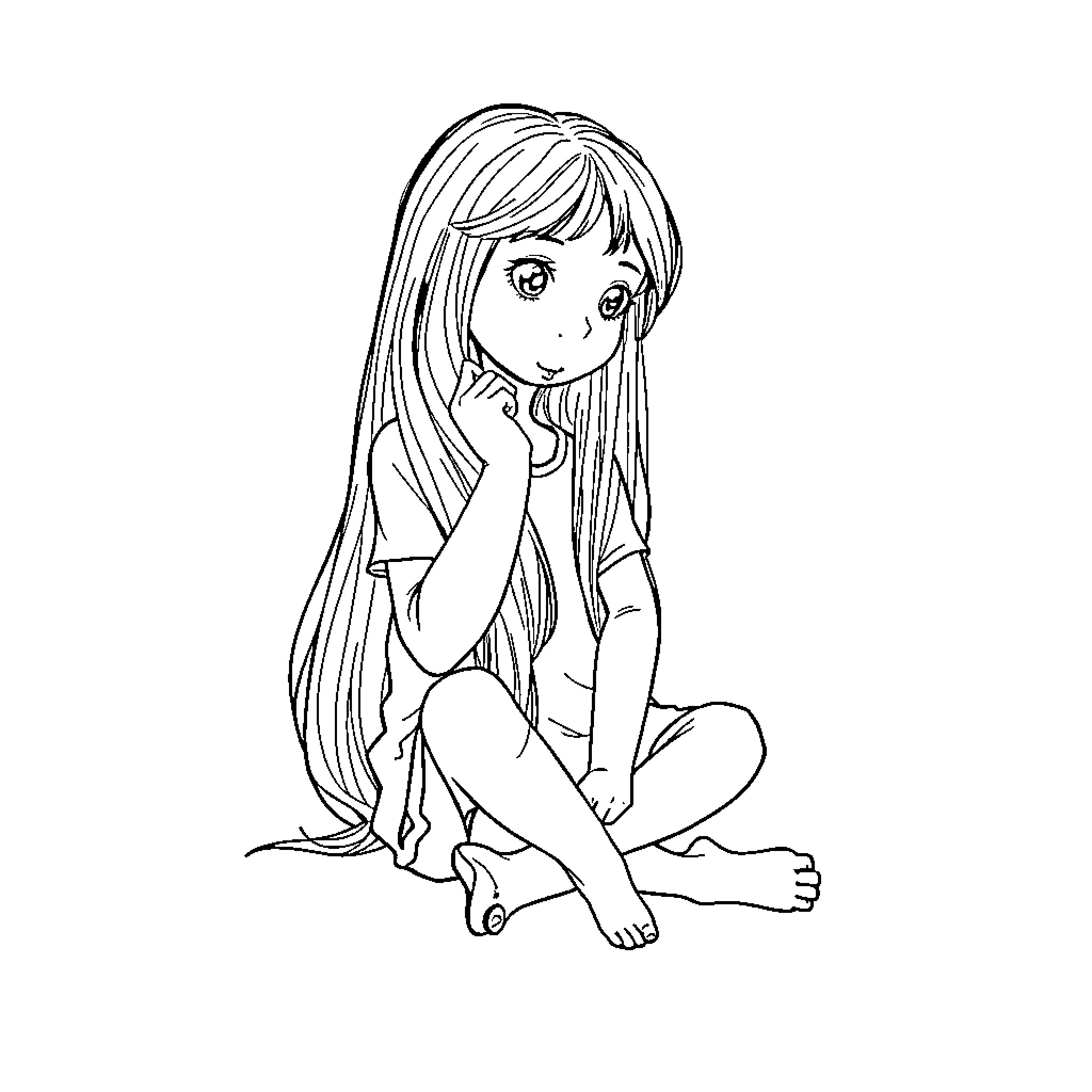 Girl in thoughtful contemplation Coloring Page (free black-and-white line drawing printable PDF for all, from beginners to advanced learners, including children, teens, adults, and seniors)