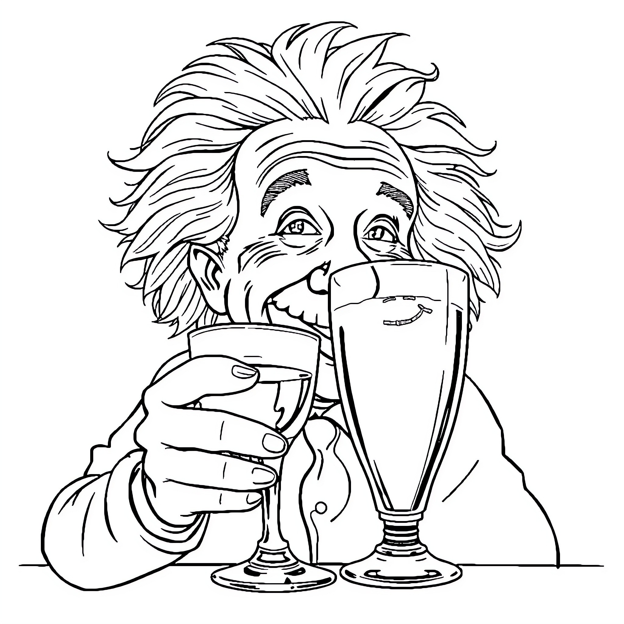 Einstein enjoying a refreshing beverage Coloring Page (free black-and-white line drawing printable PDF for all, from beginners to advanced learners, including children, teens, adults, and seniors)