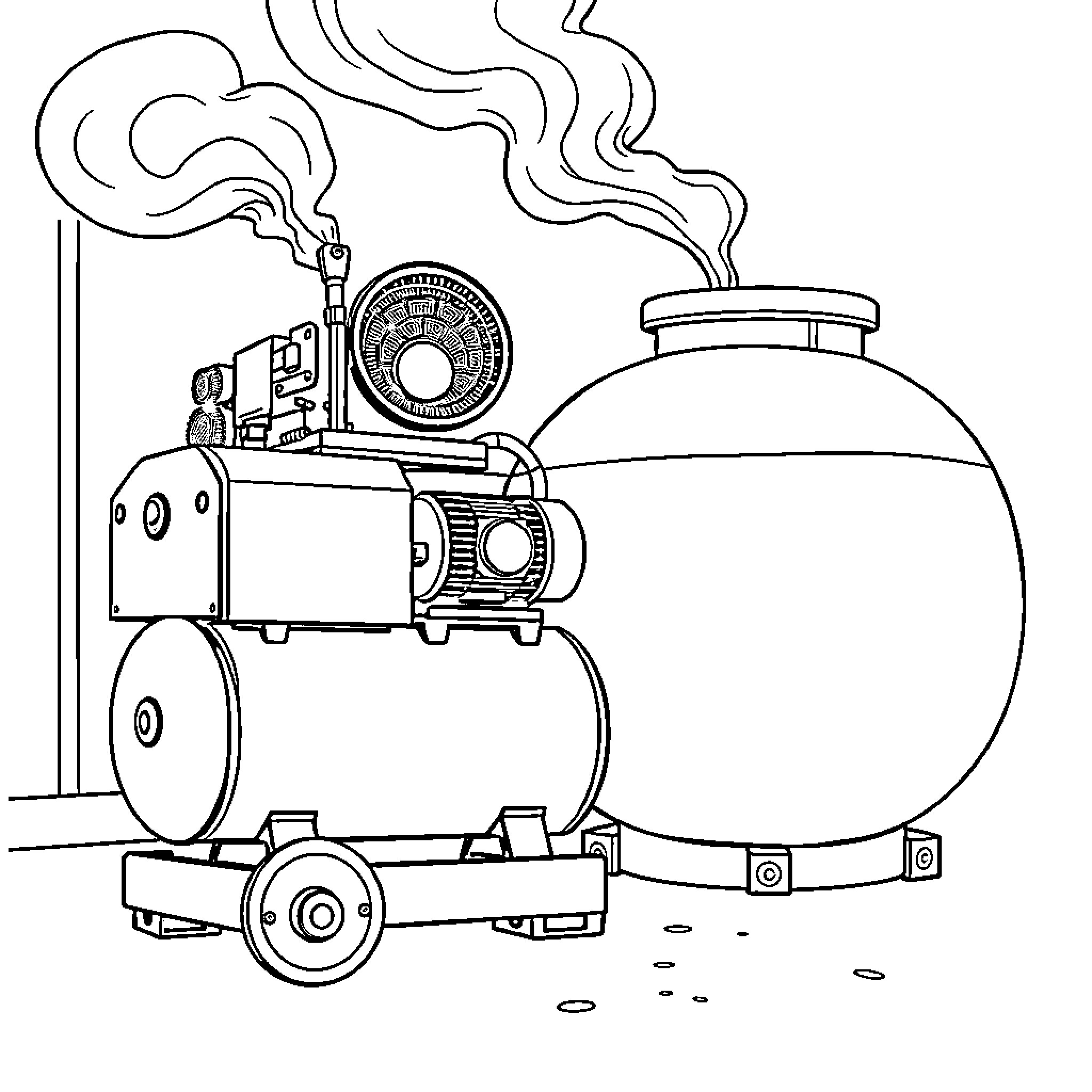 Air Compressor Powering Industrial Equipment Coloring Page (free black-and-white line drawing printable PDF for all, from beginners to advanced learners, including children, teens, adults, and seniors)