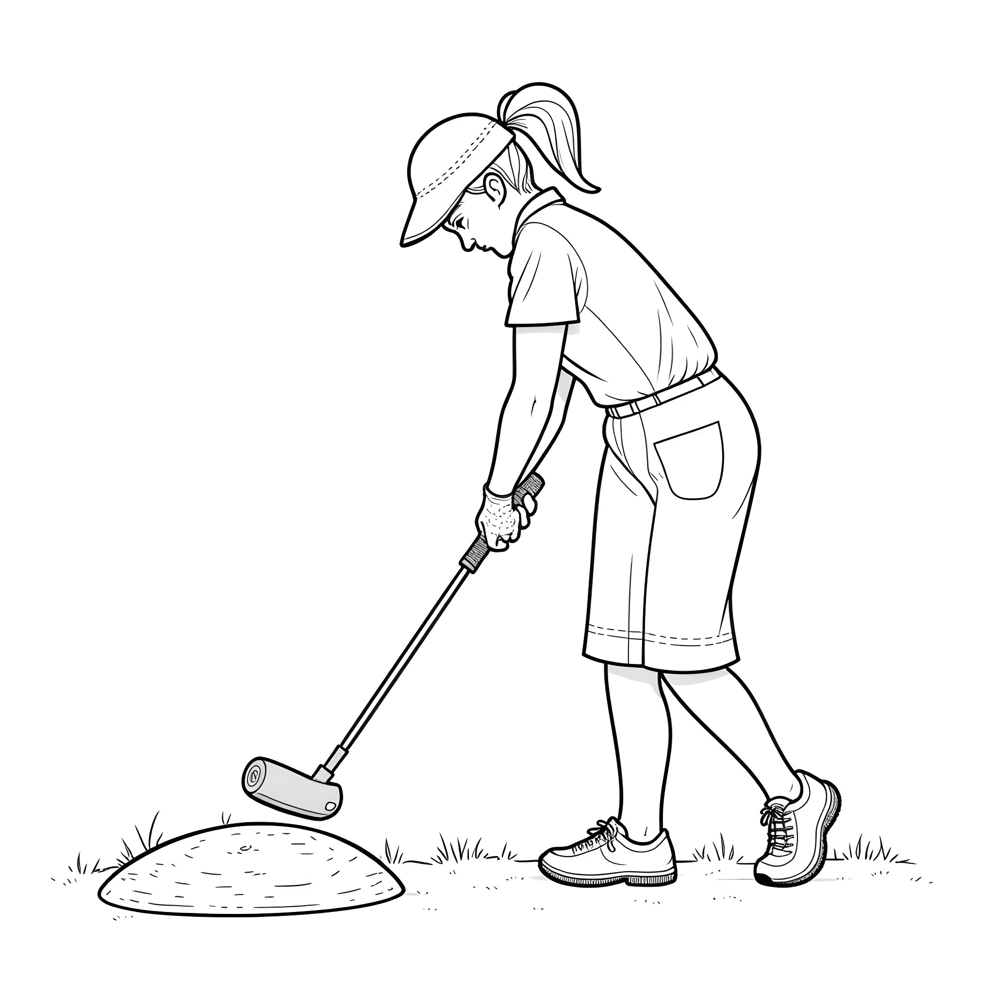 Golfer crouched, focused on hitting the ball Coloring Page (free black-and-white line drawing printable PDF for all, from beginners to advanced learners, including children, teens, adults, and seniors)