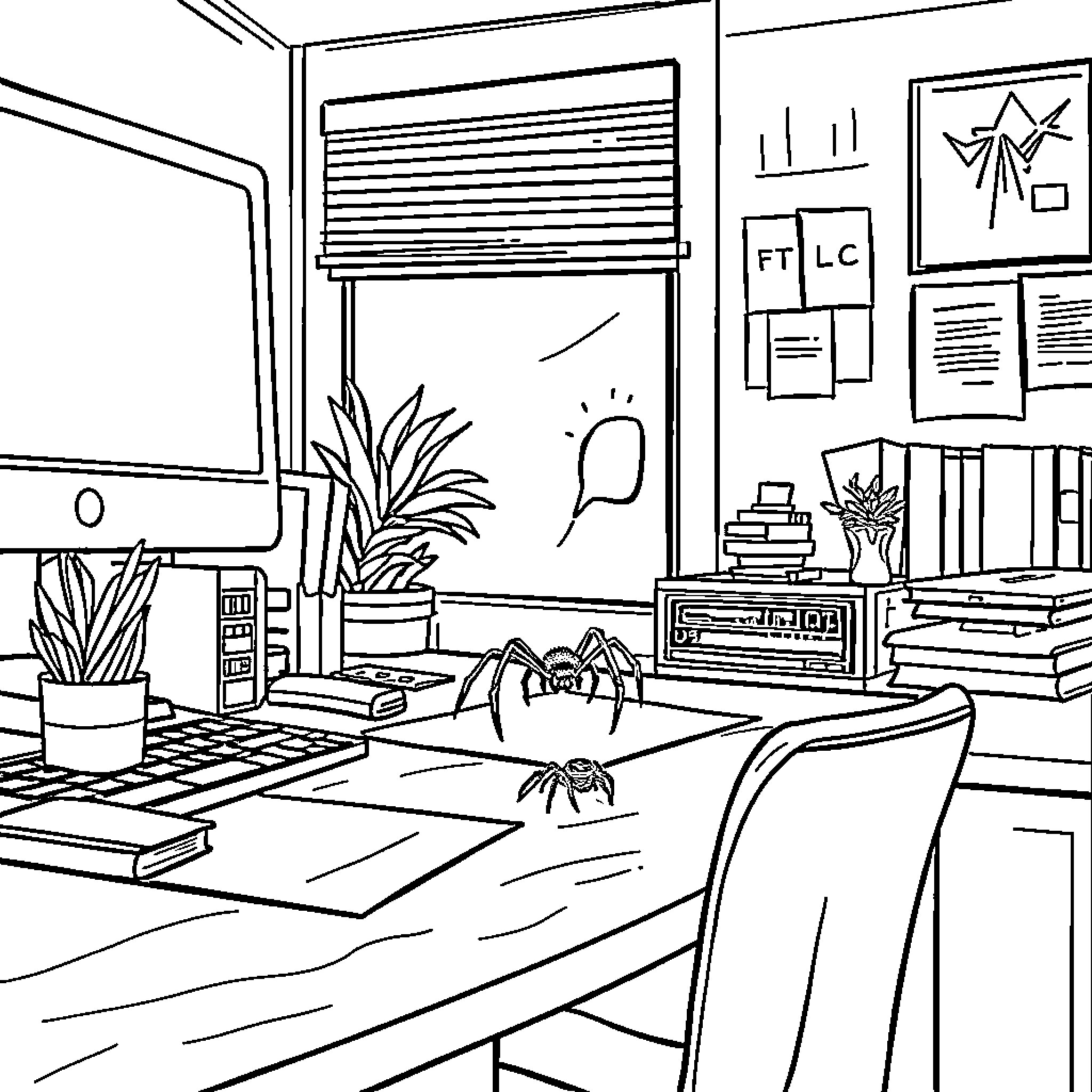 Spider studying intently in a cozy office Coloring Page (free black-and-white line drawing printable PDF for all, from beginners to advanced learners, including children, teens, adults, and seniors)