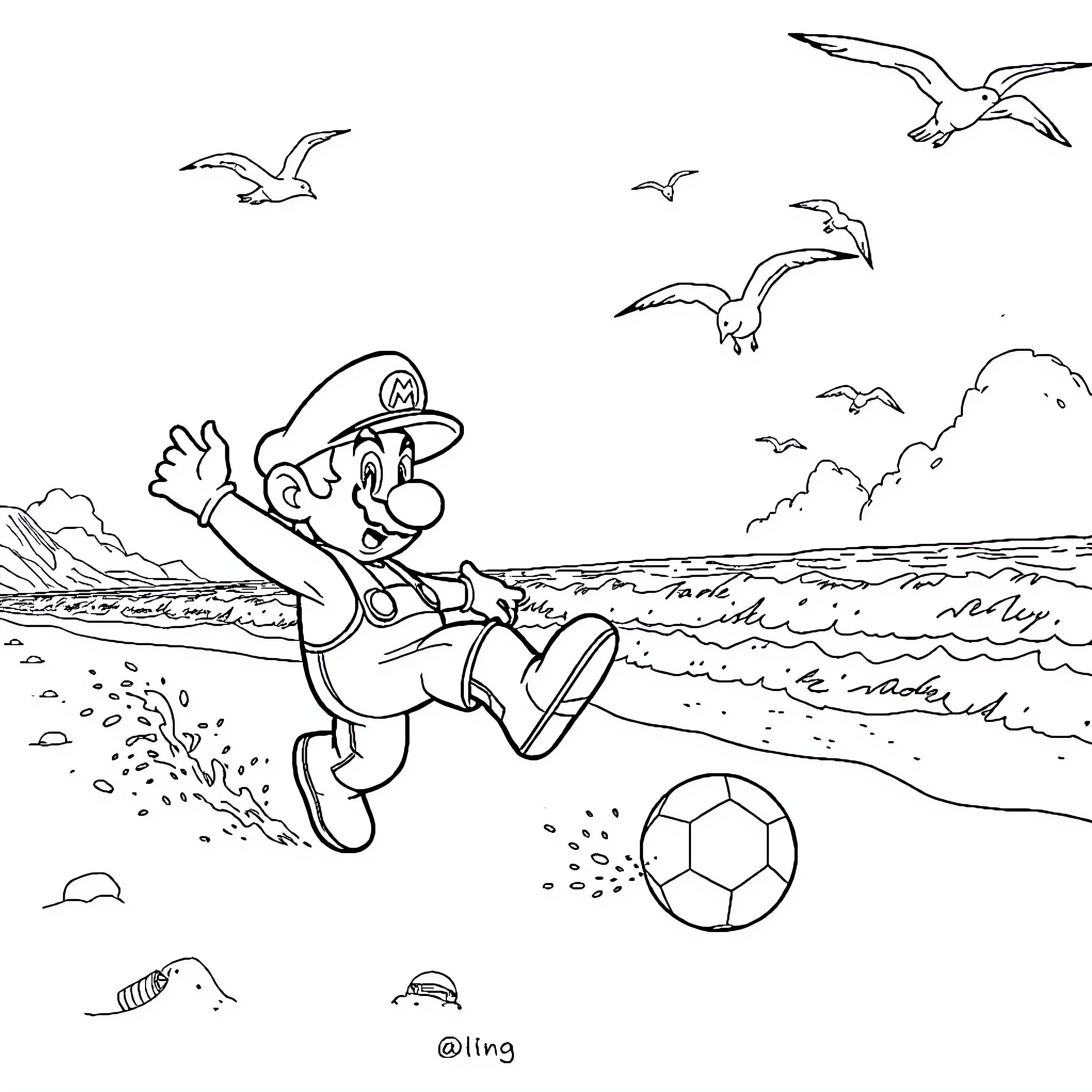 Mario kicking soccer ball on beach with seagulls Coloring Page (free black-and-white line drawing printable PDF for all, from beginners to advanced learners, including children, teens, adults, and seniors)