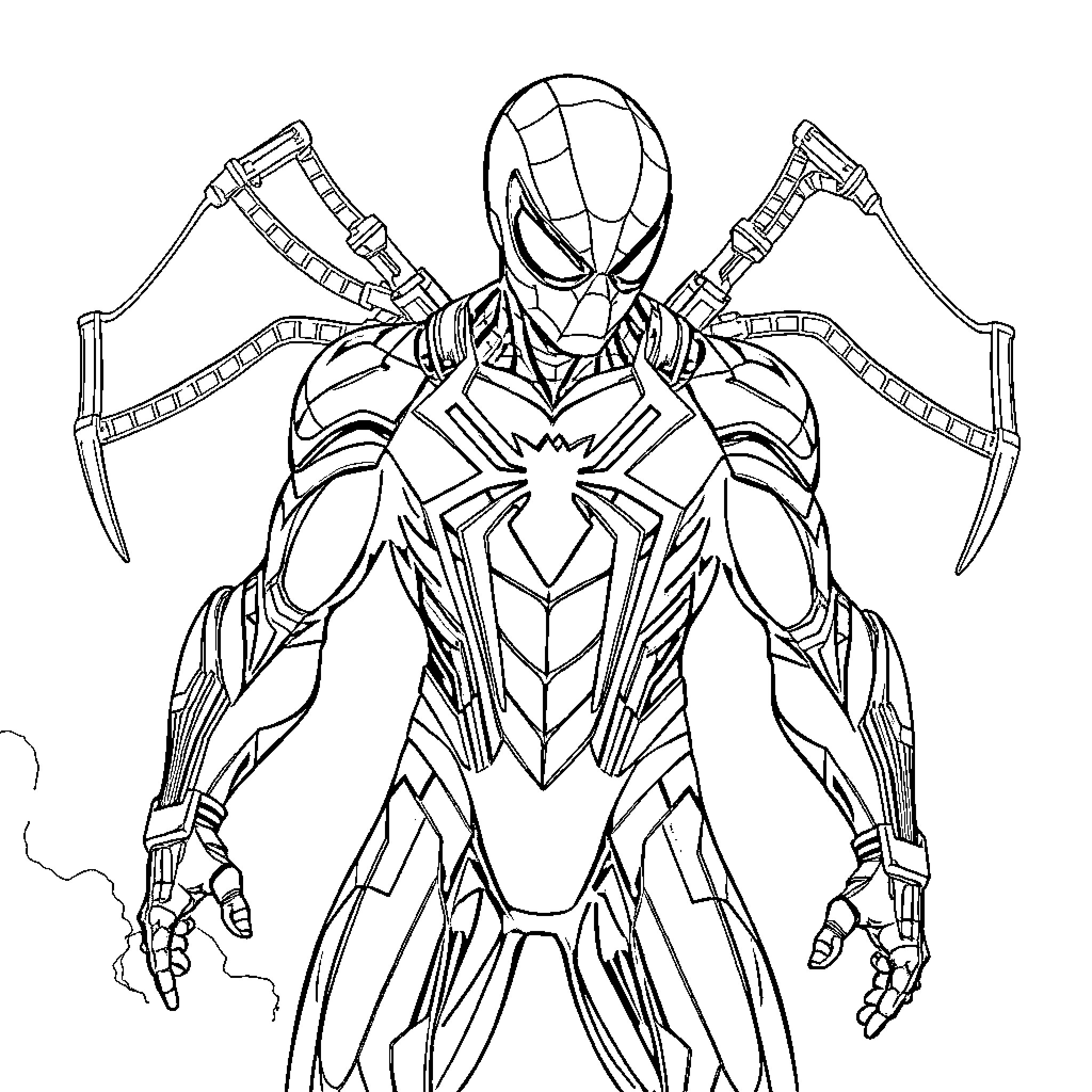 Iron Spider Superhero in Heroic Action Pose Coloring Page (free black-and-white line drawing printable PDF for all, from beginners to advanced learners, including children, teens, adults, and seniors)
