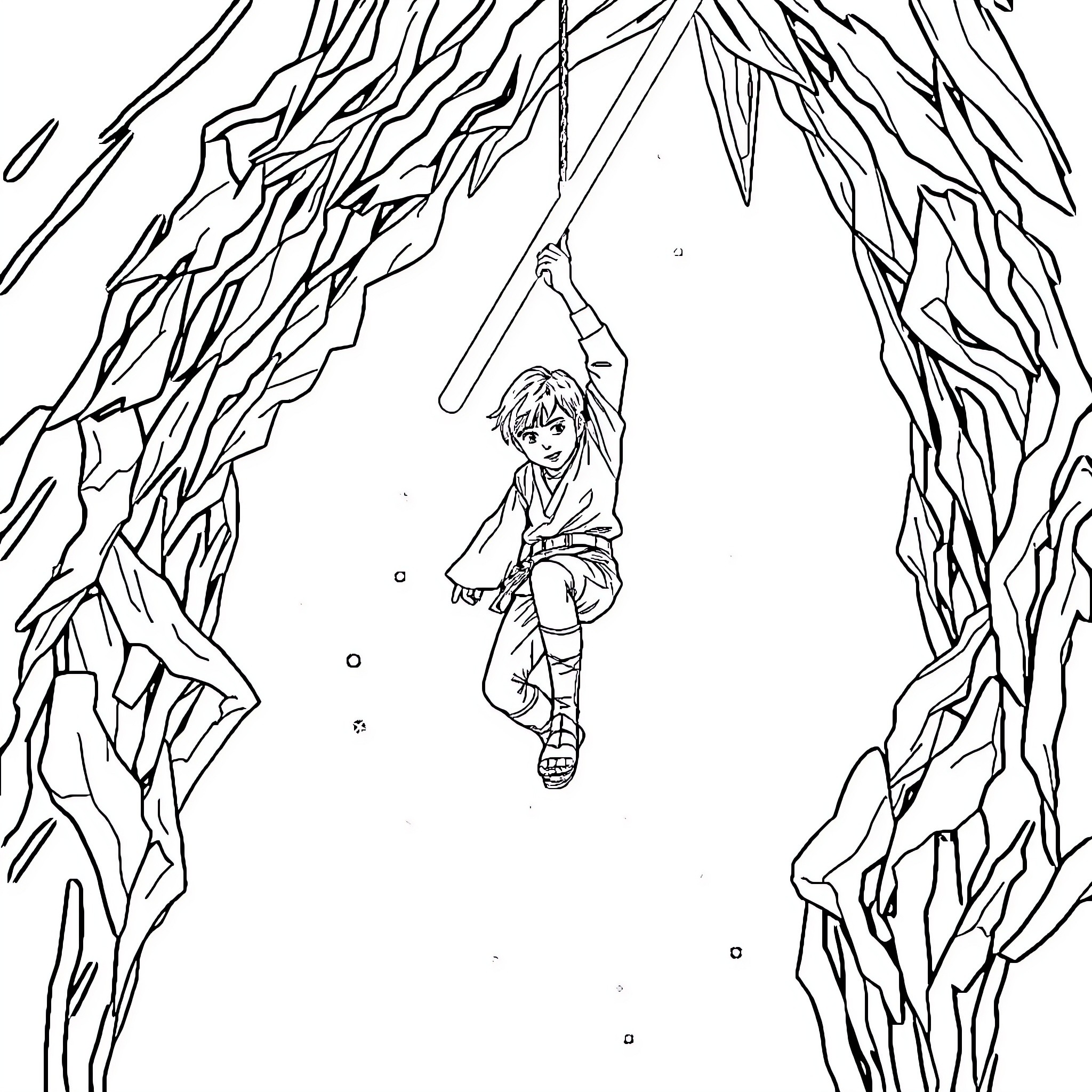 Luke Skywalker traversing treacherous terrain Coloring Page (free black-and-white line drawing printable PDF for all, from beginners to advanced learners, including children, teens, adults, and seniors)